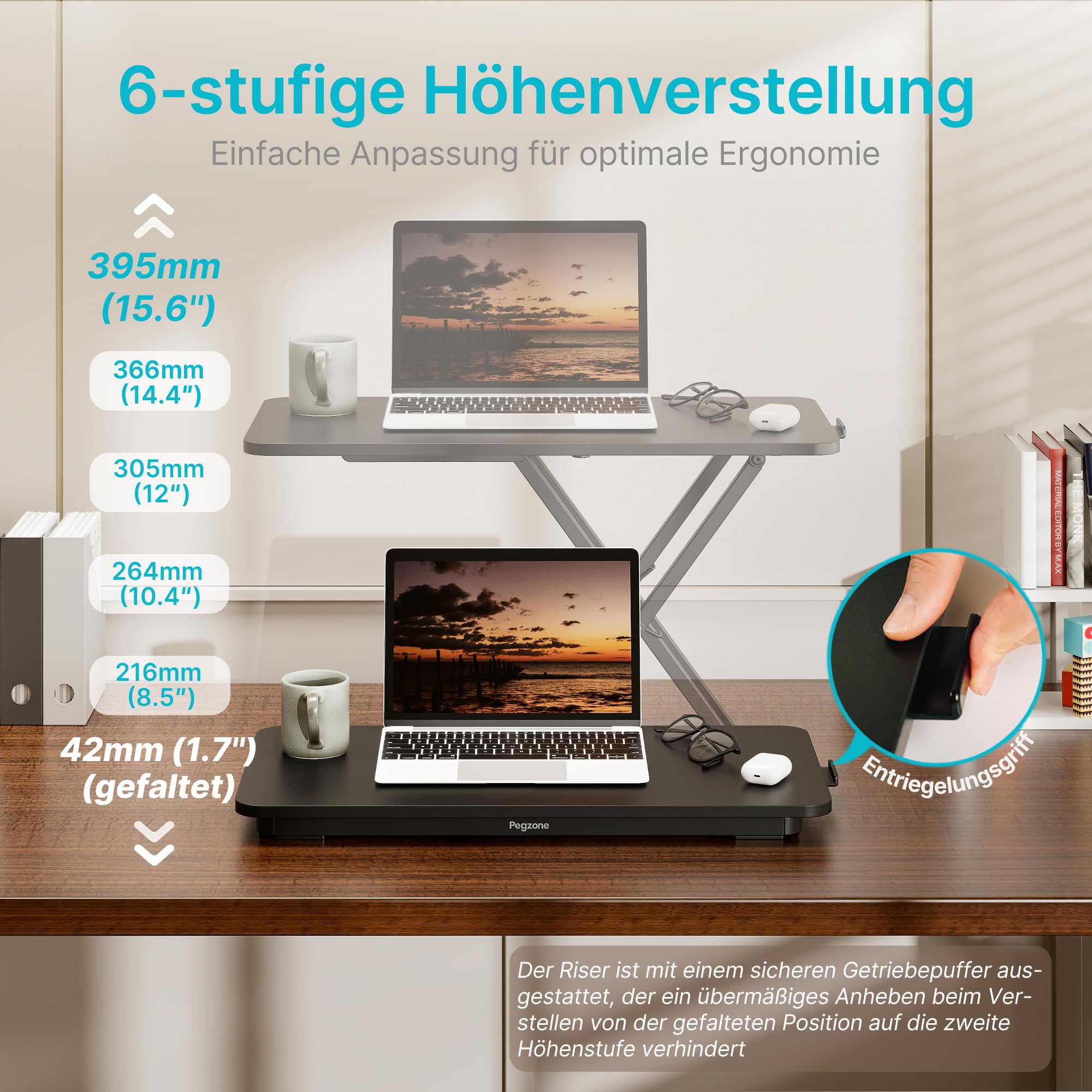 PEGZONE Steh-Sitz Schreibtisch Höhenverstellbar, Ergonomisch Schreibtischaufsatz, 61 x 30 cm Stehpult, Klappbar Laptoptisch, Schwarz