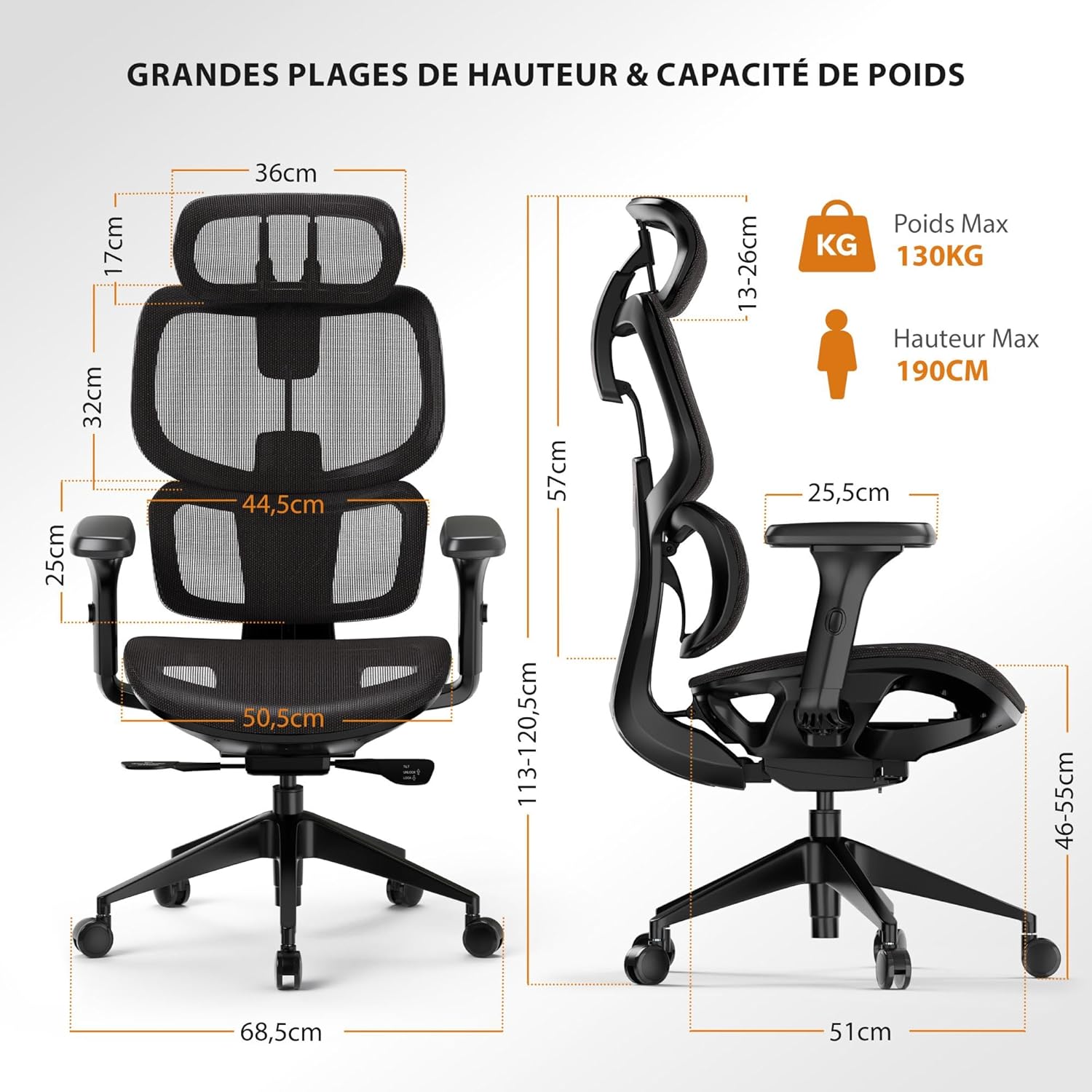 Diagram of SENSE7 Nobu chair components and dimensions