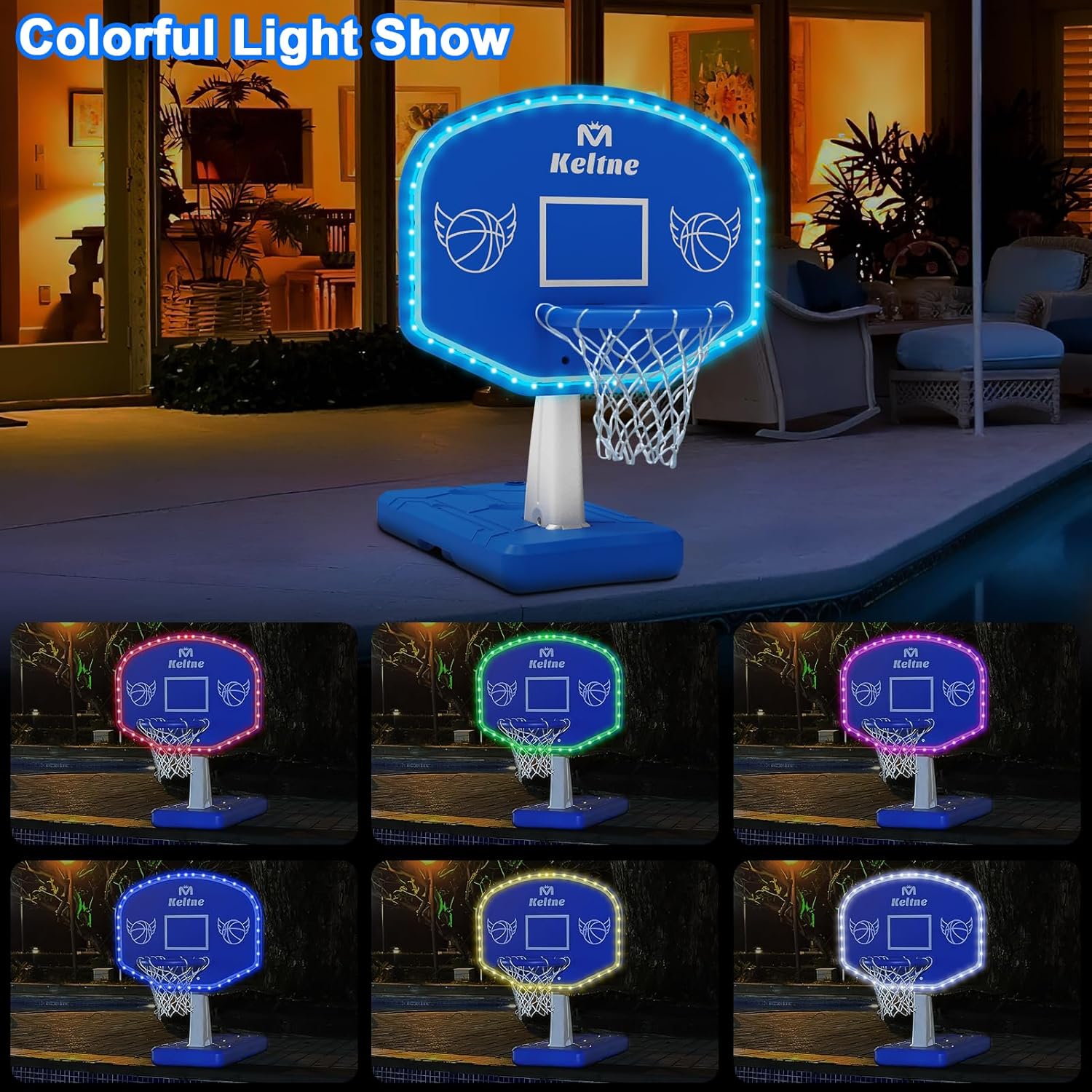 Blue LED Pool Basketball Hoop Poolside, Large Solar Powered Basketball Hoop for Pool, Swimming Pool Basketball Game Toys with Lengthen Sturdy Base for Kids Adults, Includes 2 Balls and Pump