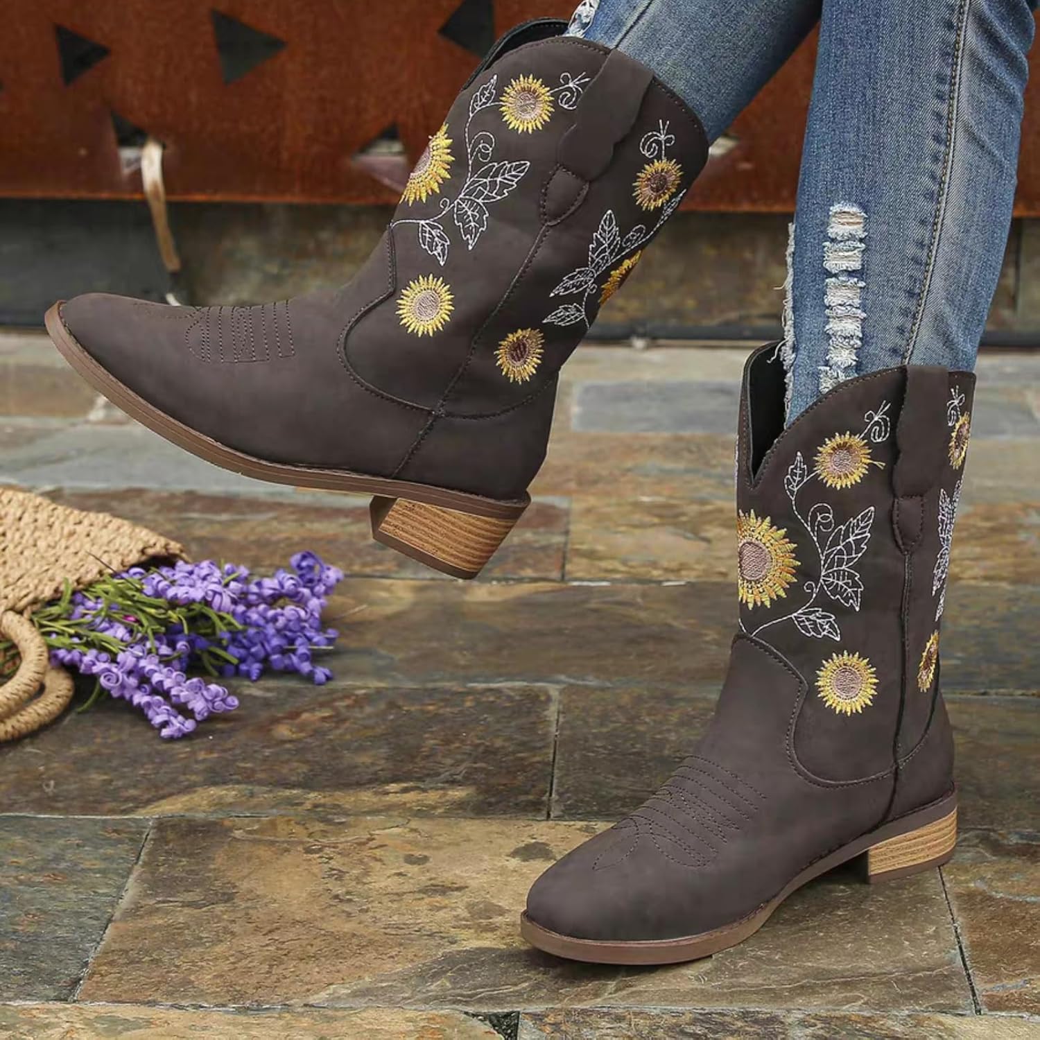 Womens Sunflower Embroidered Low Chunky Heel Mid Calf Boots Fashion Square Toe Pull On Cowboy Cowgirl Boots Winter Walking Western Boots
