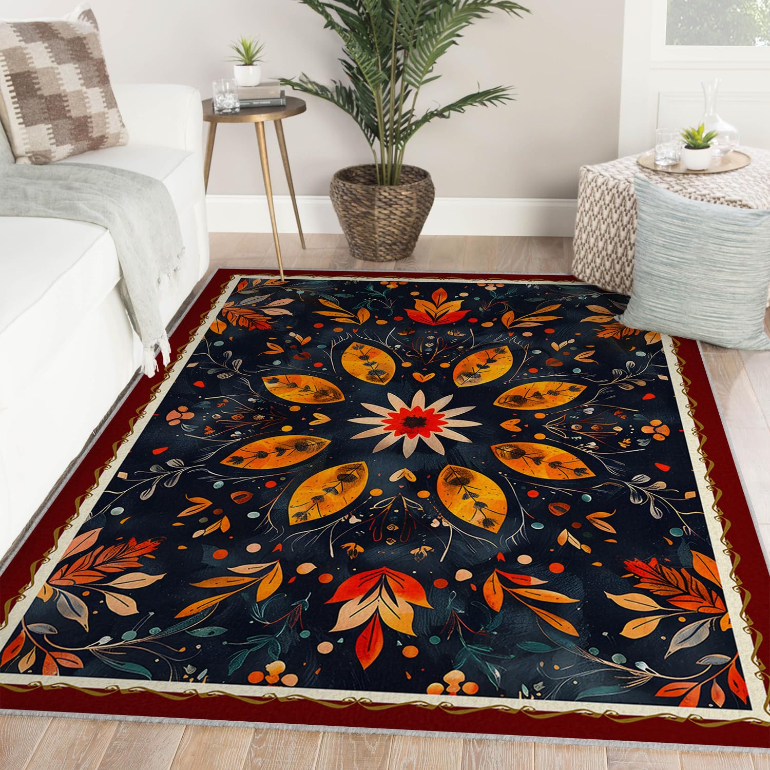 Dywan kosmiczny 60 x 100 cm dywaniki antypoślizgowe nadające się do prania geometryczny etniczny boho do salonu sypialnia jadalnia żółty i pomarańczowy wzór kwiatowy dywan do drzwi
