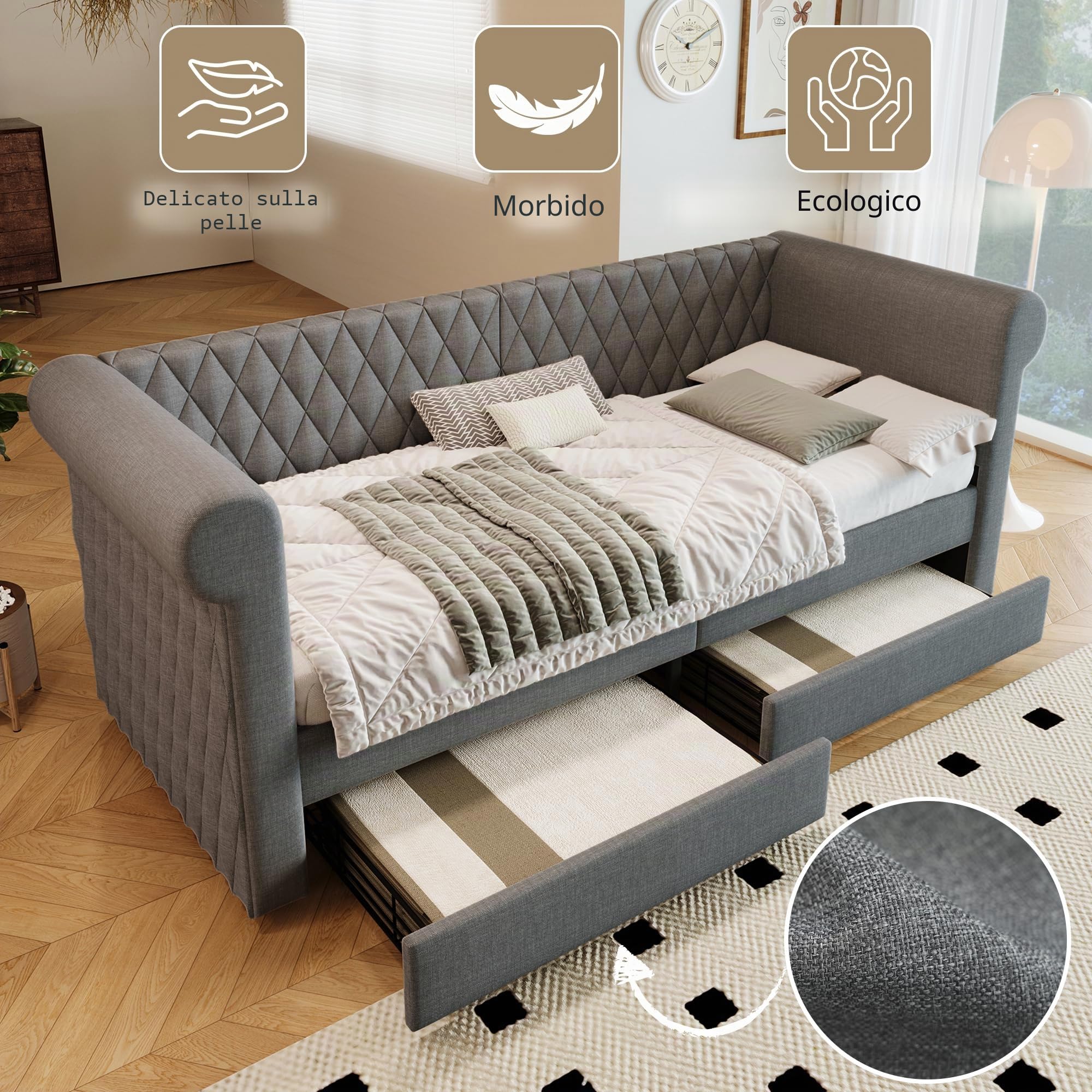 Soweiz Testiera vintage letto imbottito divano letto, divano letto letto singolo con 2 cassetti portaoggetti, letto per bambini letto per giovani telaio del letto con rete a doghe in legno, lino