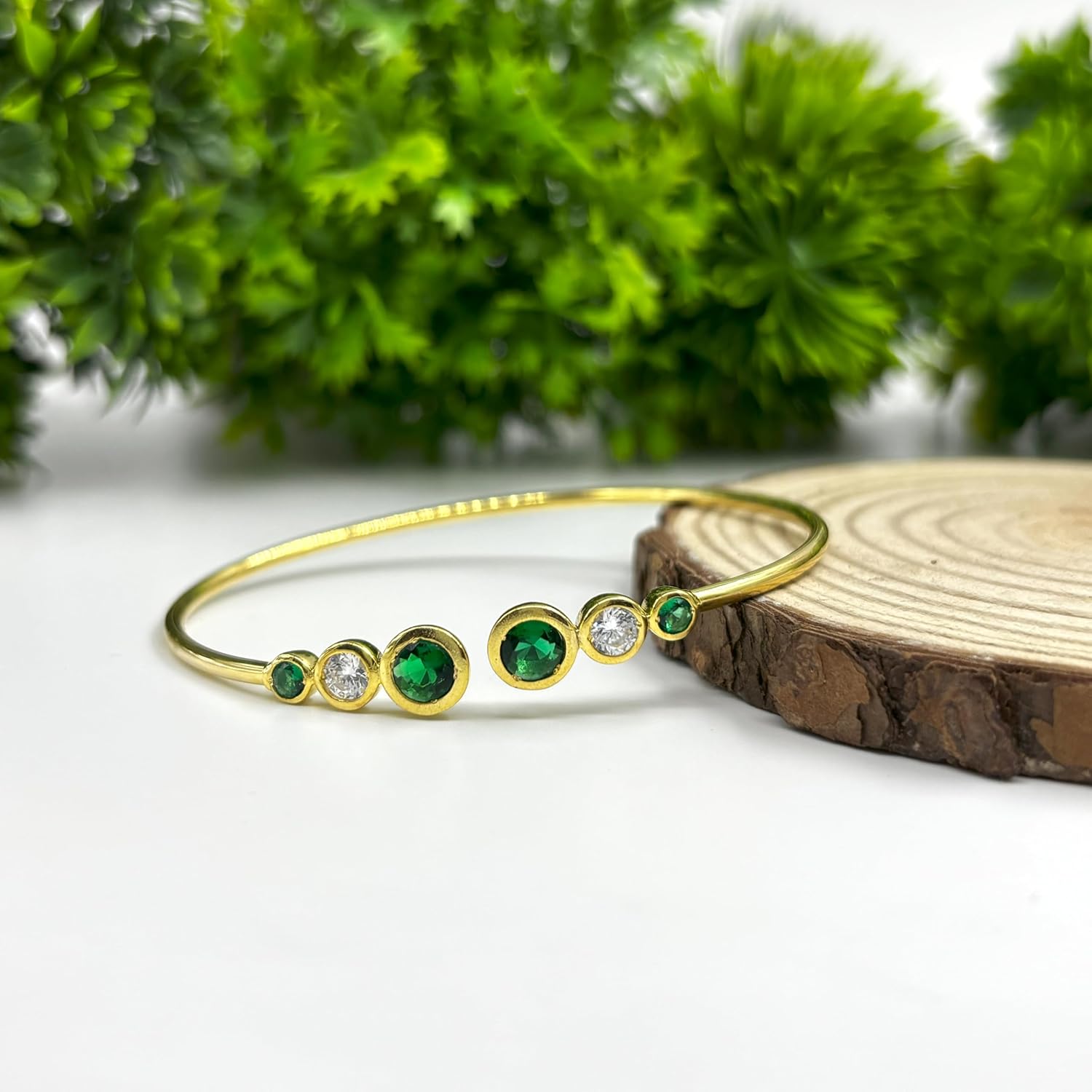 Three Stone Green Emerald & Diamond Cuff Bangle Bracelet for Women, 14K White Gold Finish May Birthstone Emerald Adjustable Bangle