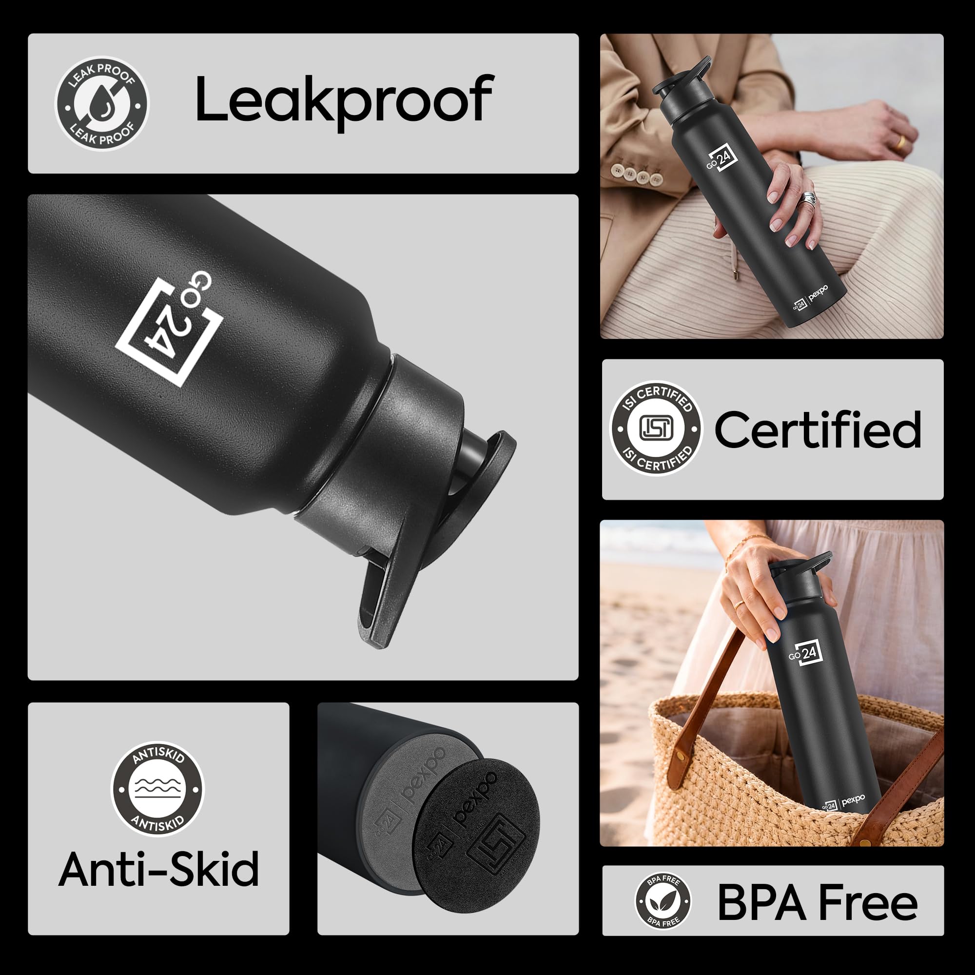 Go24 pexpo Stainless Steel Water Bottle Chromo Knight Black 950ml 2