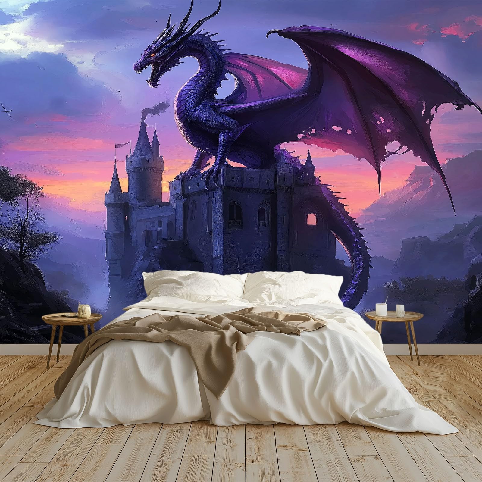 Papel Pintado Infantil 3D Fantasía Cuento De Hadas Castillo Dragón 400 x 280 cm - Mural de Pared para Habitación de Niños y Niñas en Tela No Tejida Premium - Diseño Artístico para Soñar Azul Púrpura