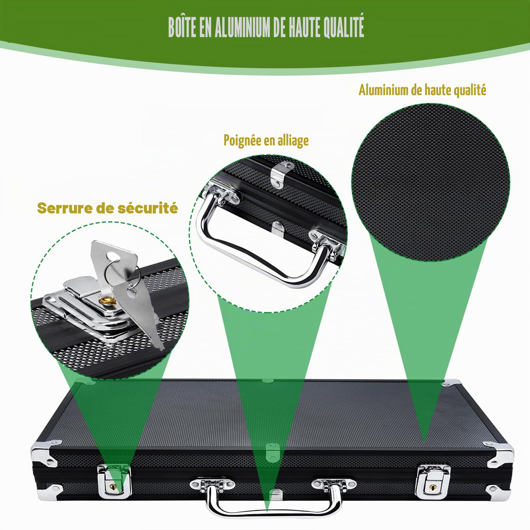 SUBTLETY Mallette de Poker Avec Boîtier en Aluminium - 500 Jetons Laser Professionnels, 2 Jeux de Cartes, 3 Boutons de Croupier, 5 Dés, 2 Clés (Noir)