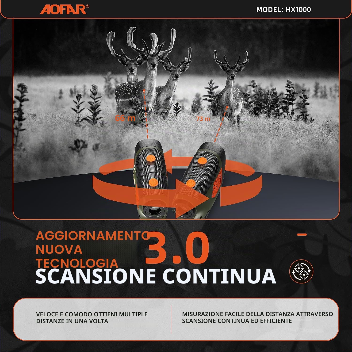 AOFAR HX1000 Telemetro Laser da Caccia 1000 iarde, Misurazione Distanza Angolare e Orizzontale, Modalità Scansione e Velocità, 6x Ingrandimento, Impermeabile, Batteria Inclusa