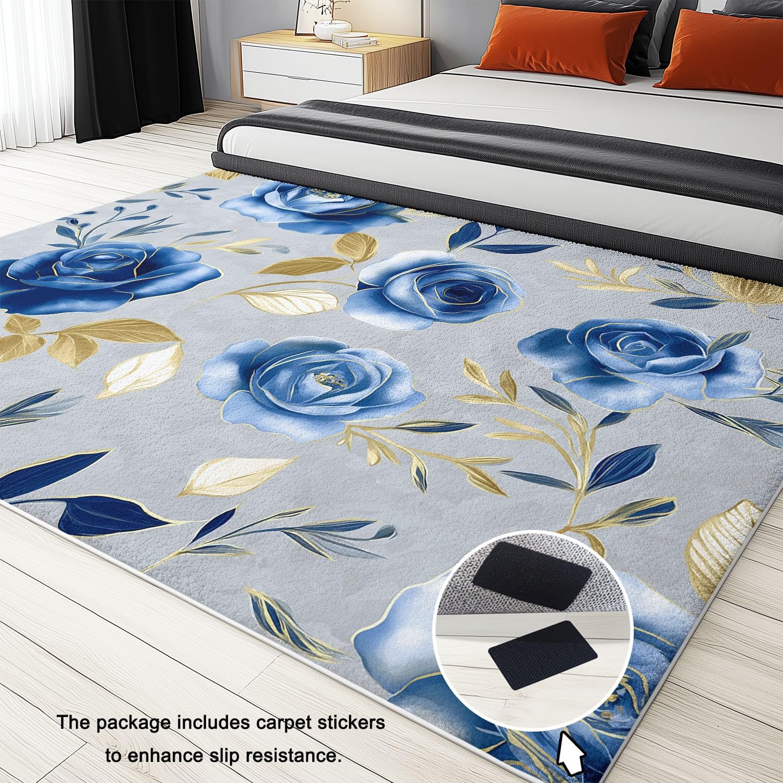 Tapis Salon Salle à Manger Chambre Adulte et Ado, Cuisine - Design Roses Bleues À L'Aquarelle Bleu, Poil Ras Doux Léger Antidérapant 80 x 150 cm