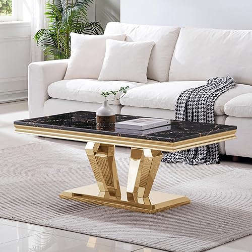 Miniatura 17 de SSLine Mesa de Centro Rectangular de Mármol Sintético para Sala de Estar, Mesa Central Moderna de Mármol Blanco de Lujo con Base de Diamante Mesa de