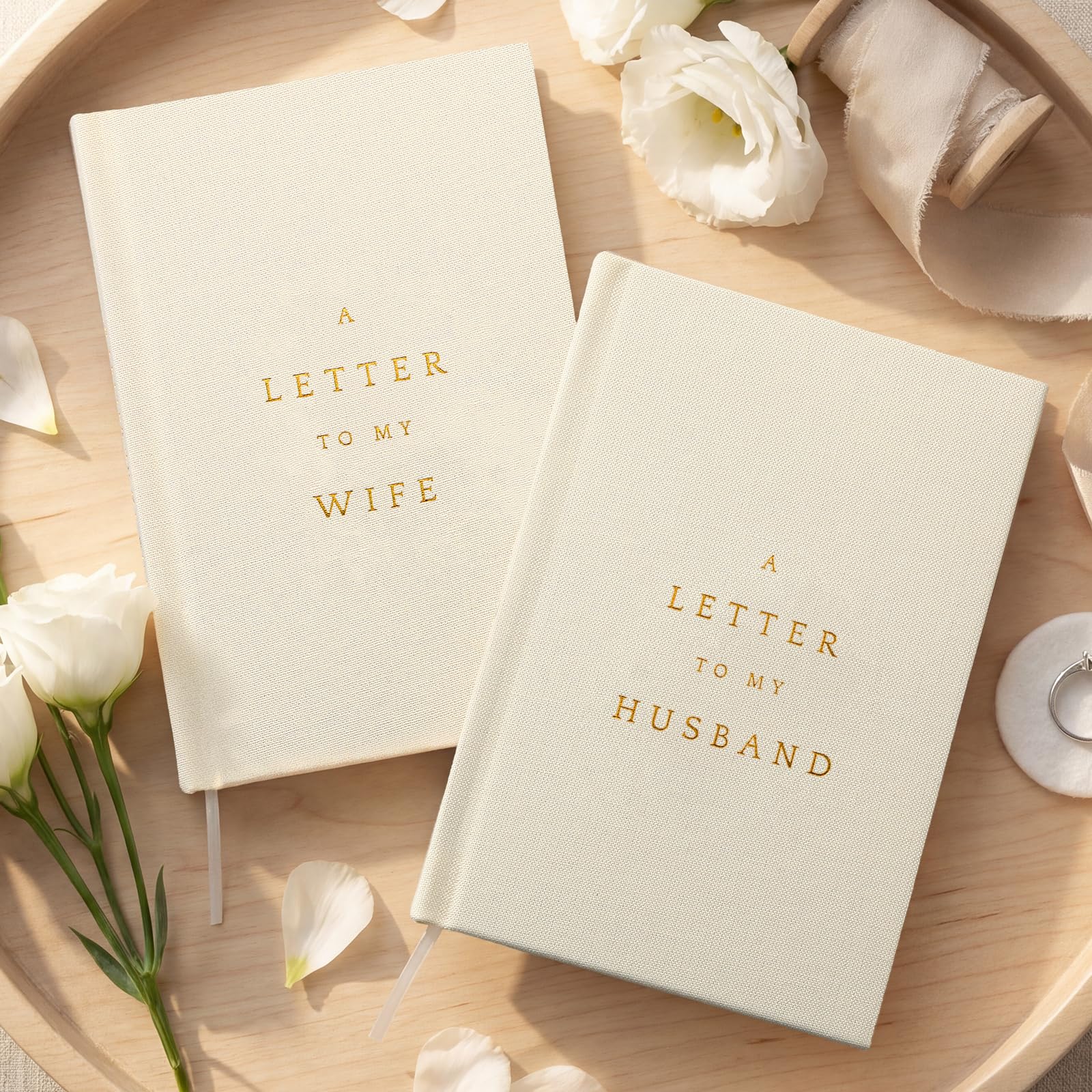 Juego de 2 libros de votos de boda para él y ella, idea de regalo para novia o novio, lámina dorada, 80 páginas a rayas, regalo esencial para invitados recién comprometidos (marfil)