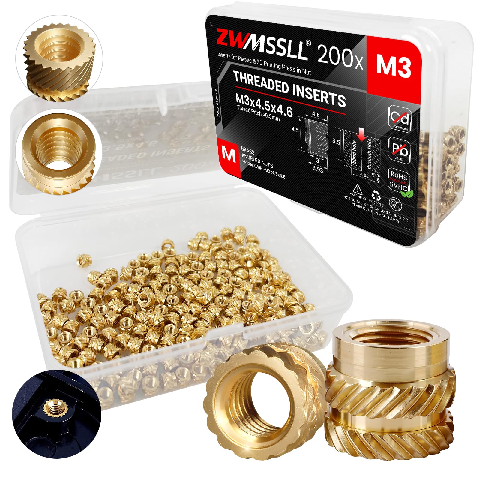ZWMSSLL M3 Threaded Inserts-200 Pieces M3x4.5x4.6 Heat-Set Insert Brass Knurled Nuts for 3D Printing Components and Plastic Parts