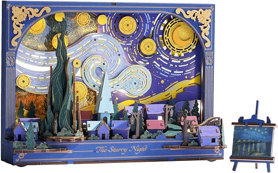 3D Wooden Puzzles for Adults Van Gogh Starry Night DIY Model Building Kits with LED Light - Home Decor, Wall Art & Unique Creative Gifts for Art Lovers/Men/Women