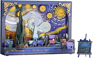 3D Wooden Puzzles for Adults Van Gogh Starry Night DIY Model Building Kits with LED Light - Home Decor, Wall Art & Unique Creative Gifts for Art Lovers/Men/Women
