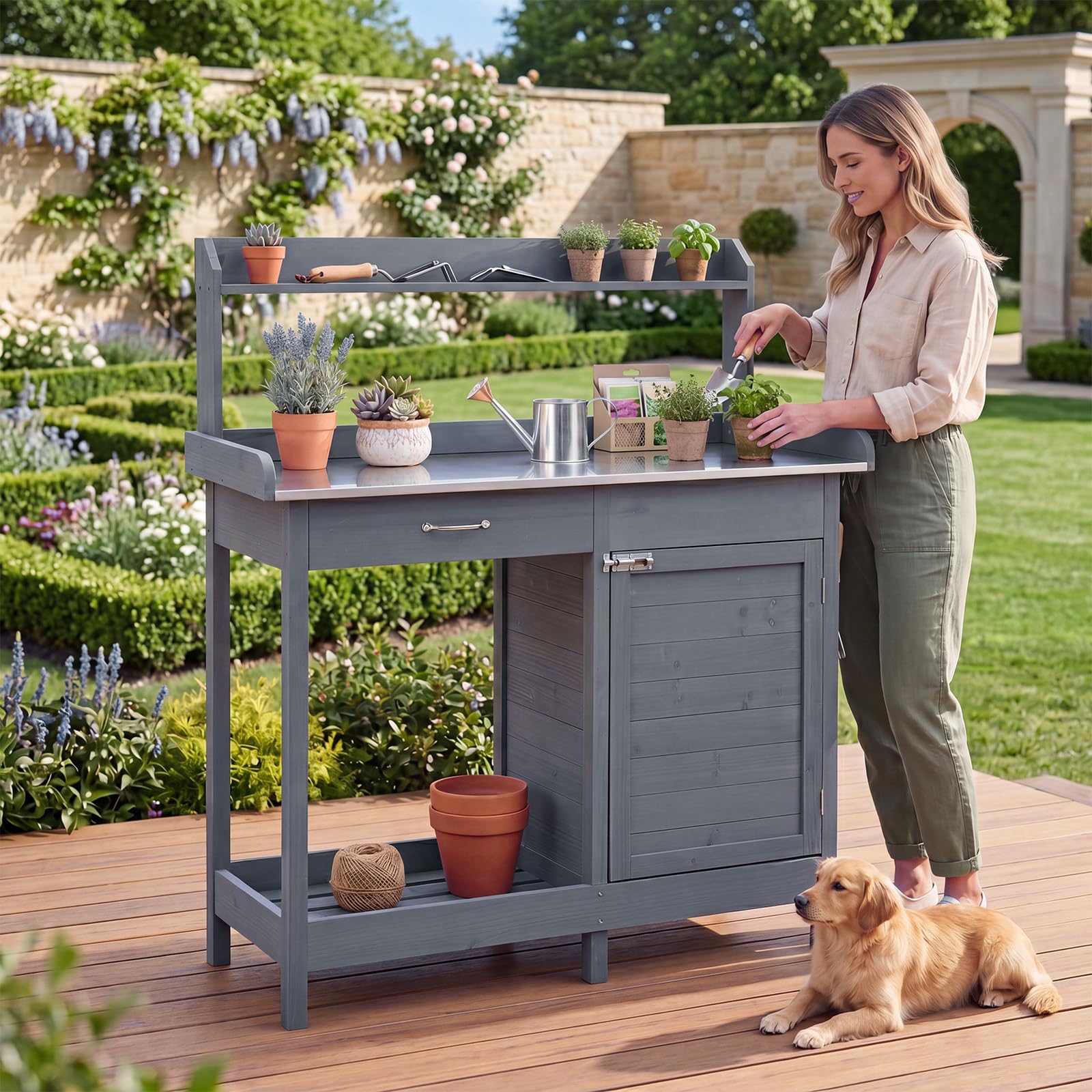 RELAX4LIFE Pflanztisch Outdoor, Gartentisch Holz mit Schubladen, Unterschrank, Edelstahlplatte & Haken, Gartenschrank Wetterfest, Gartenarbeitstisch für Garten & Balkon, 112 x 46,5 x 125 cm (Grau)