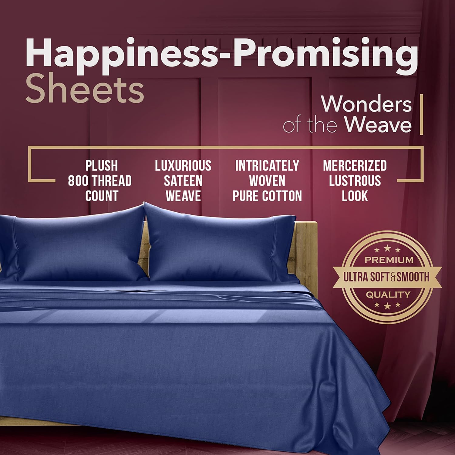 800 Thread Count 100% Cotton Sheet Navy Blue Full Sheets Set, 4-Piece Long-Staple Combed Pure Cotton Best Sheets for Bed, Breathable, Soft & Silky Sateen Weave Fits Mattress Upto 16'' Deep Pocket