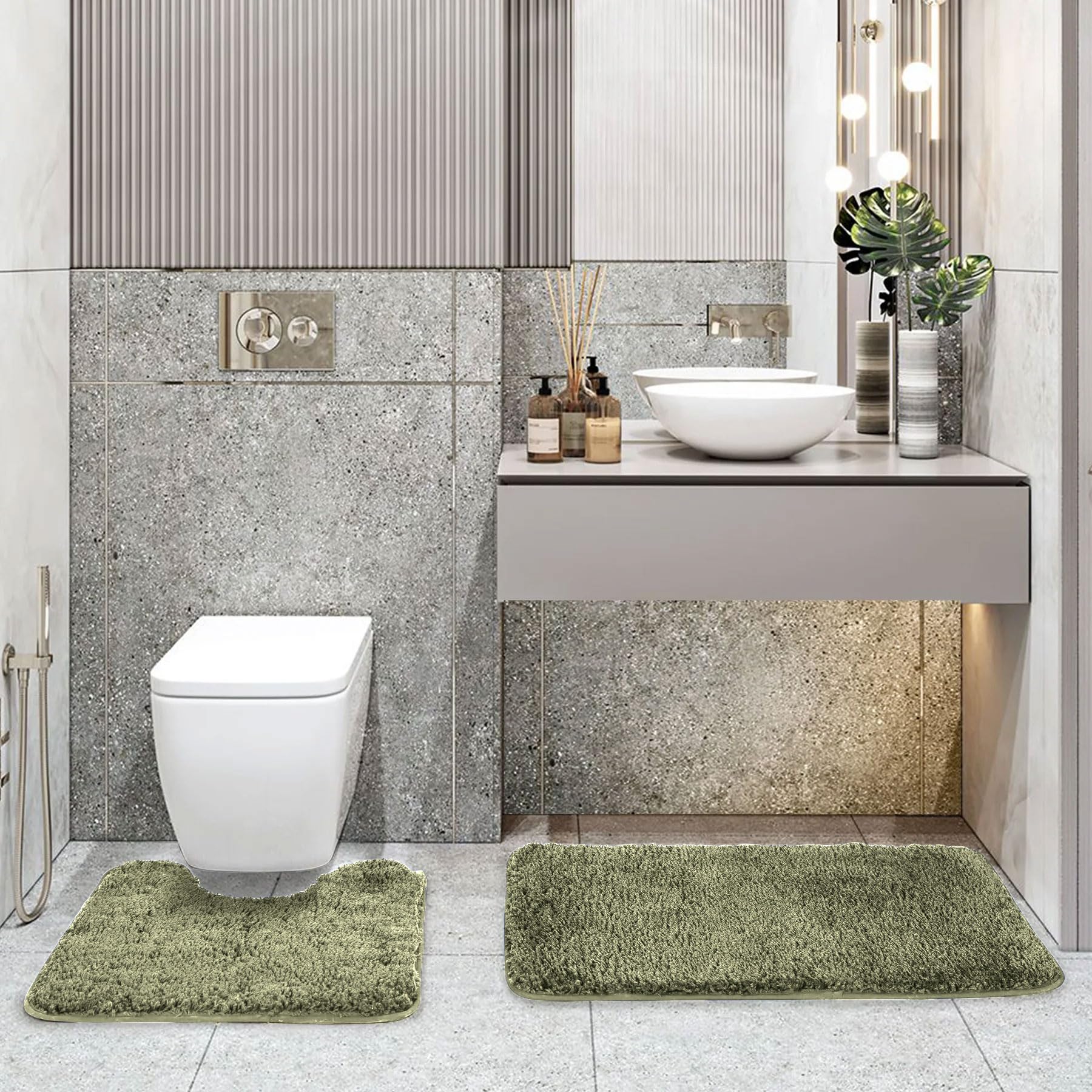 LUXE HOME INTERNATIONAL Polyester Contour Bath Mat – Washable, Anti Skid, Water Absorbent Contour Mats for Bathroom, Toilet, Wash Basin & Bathroom Contour Mat Set (Pista, 45x 75 cm & 40x45)