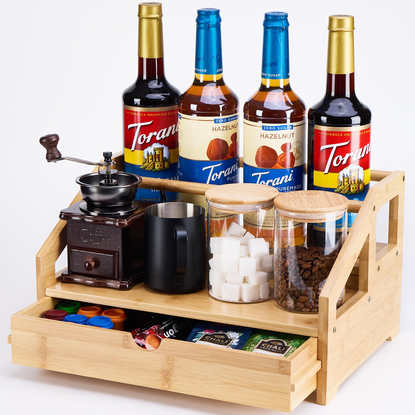 Organizador de bambú para jarabe de café, estante de 3 niveles con caja de almacenamiento de tazas, soporte para botellas para jarabes, aderezos, estación de café de cocina, natural