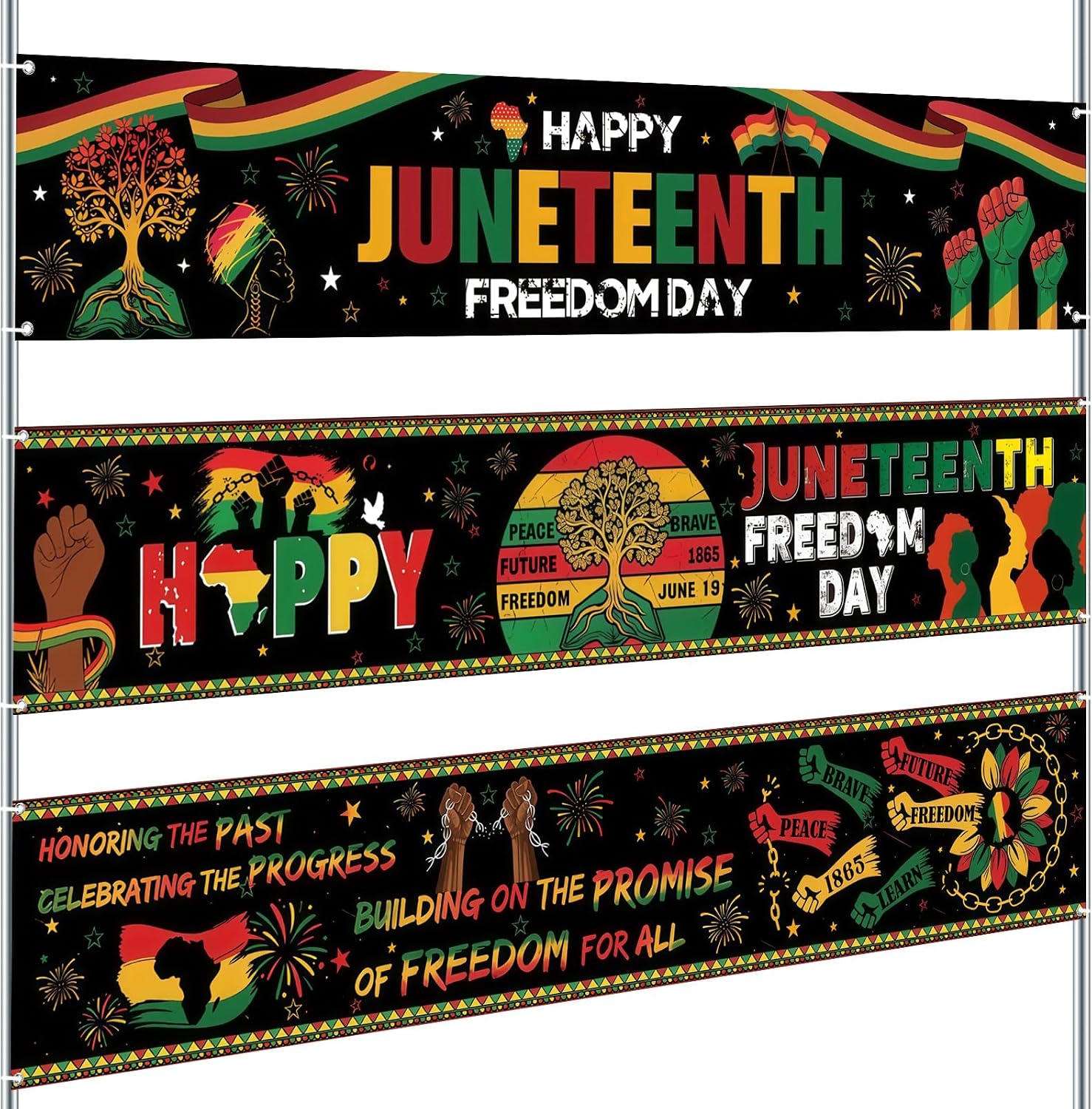 Remagr 3 Pcs Large Juneteenth Banner 98 x 18 Inch June 19th Outdoor Yard Sign Patriotic Juneteenth Party Decorations Backdrop for Africa American Independence Day Celebration Supplies