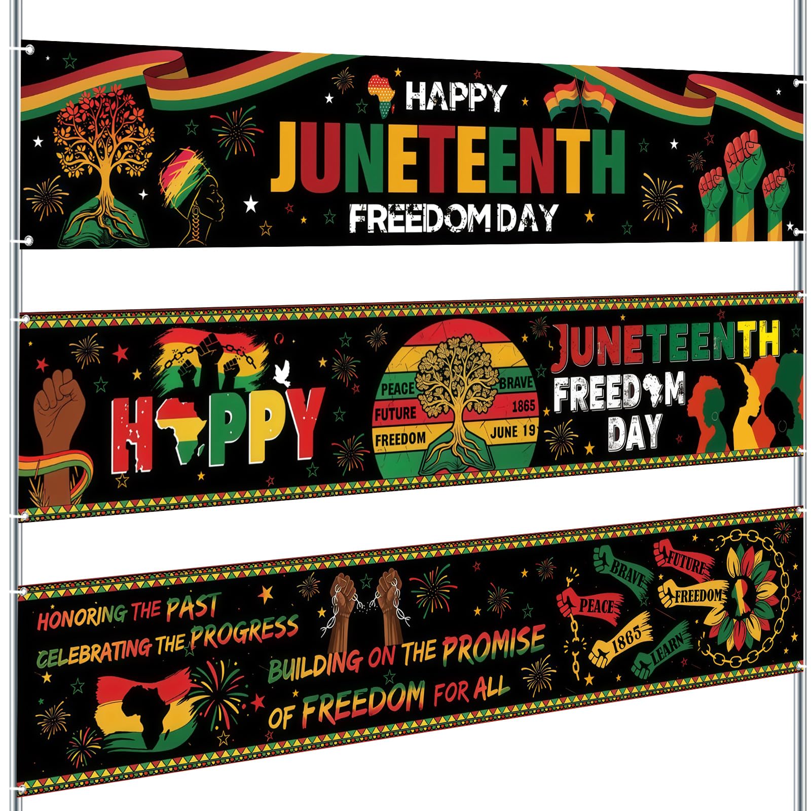Remagr 3 Pcs Large Juneteenth Banner 98 x 18 Inch June 19th Outdoor Yard Sign Patriotic Juneteenth Party Decorations Backdrop for Africa American Independence Day Celebration Supplies