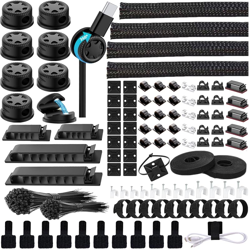 ELII 328Pcs Cable Management Kit, 8 Magnetic Cable Holder 69 Cable Clips | 4 Cable Sleeve Split,22Reusable Cable Strap,200 Nylon Cable Zip Ties ,25 Mounts TV Office,Nontoxic,Extra Strong Durable