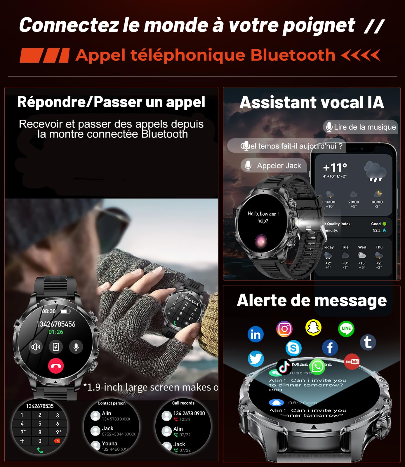 LIGE Montre Connectée Homme avec Écran HD de 1,85'' et Torche LED,800mAh,Smartwatch Homme avec Appel Bluetooth IP68 Étanche 110+ Sportifs 24H Fréquence Cardiaque pour iOS Android,FV15-F