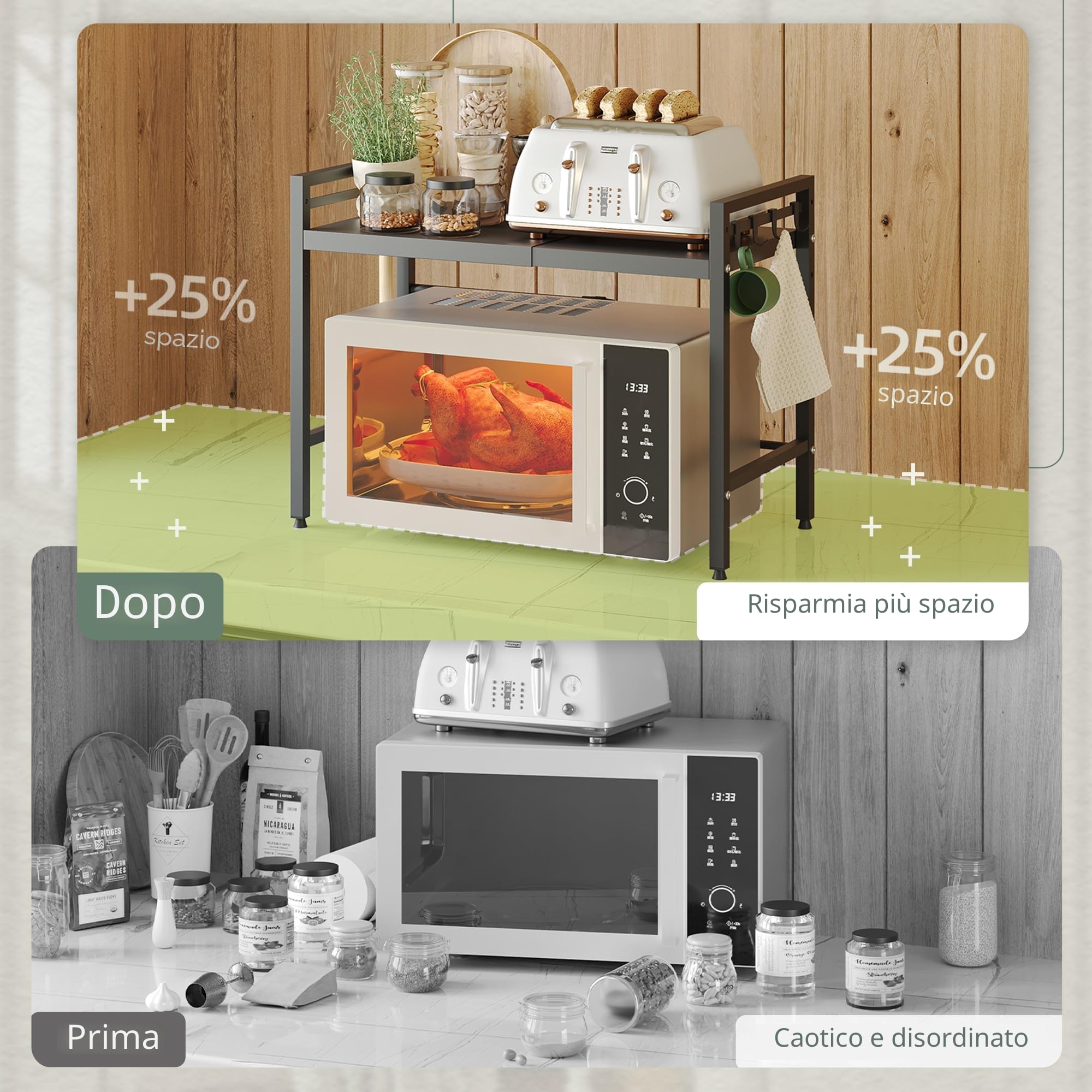 NETEL Mensola Microonde Estensibile Contatore Cucina Organizzatore Supporto Microonde Scaffali Salvaspazio Forno Mensola Con 8 ganci, Nero 2 livelli