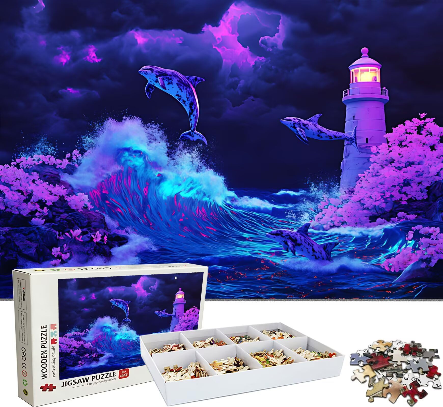 Puzzle 3000 elementów, drewniane puzzle dla dorosłych, delfin, latarnia morska, klasyczne puzzle 122 x 81 cm, gra rodzinna, puzzle redukujące stres, gra myśląca, dekoracja domu w0-242