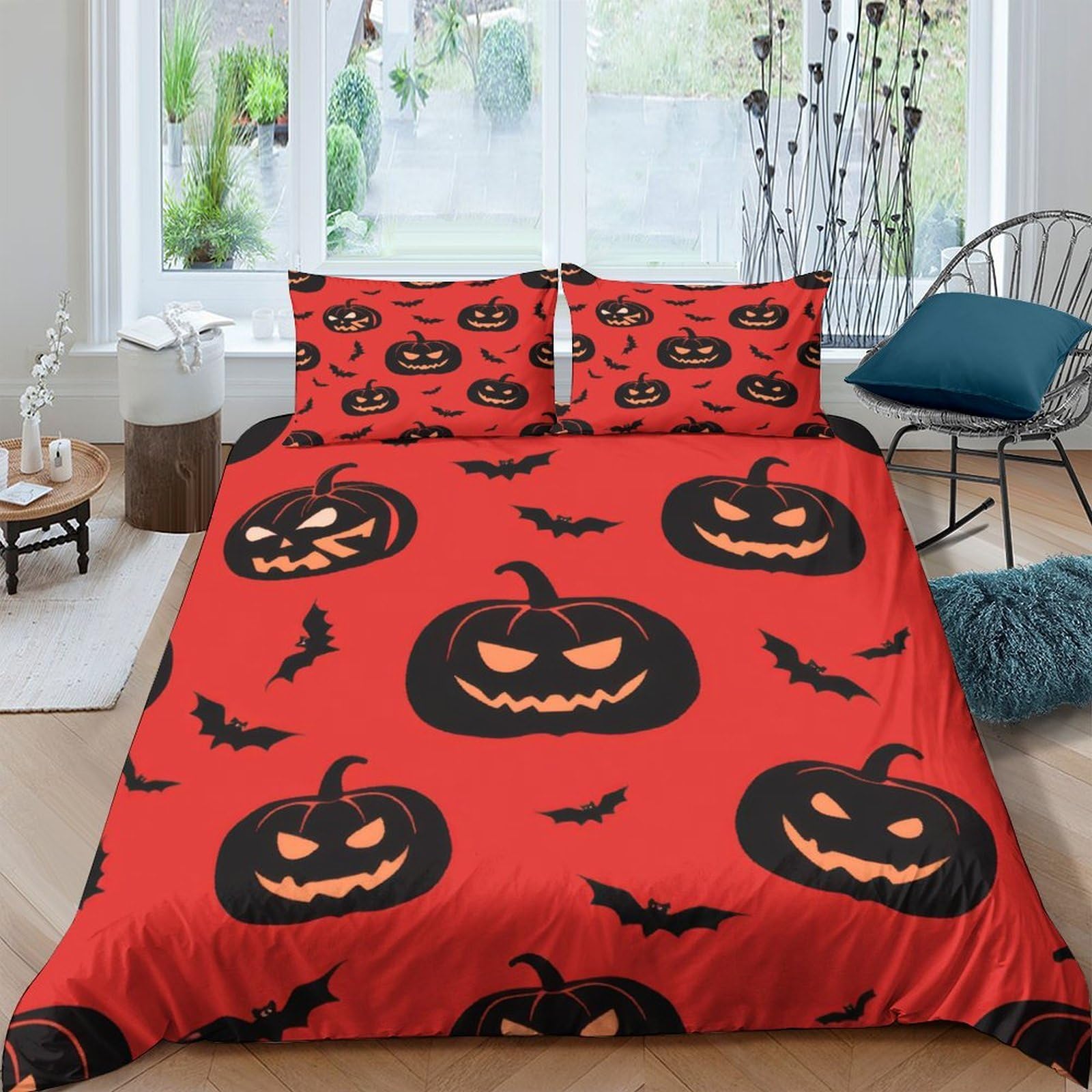 Ctjqhvkz Style-5 3D Printed Halloween Pumpkin Fitted Sheet Microfiber Soft Red Bat Bed Cover For Bedroom Guest Room Mattress Protection Single（135X200cm）
