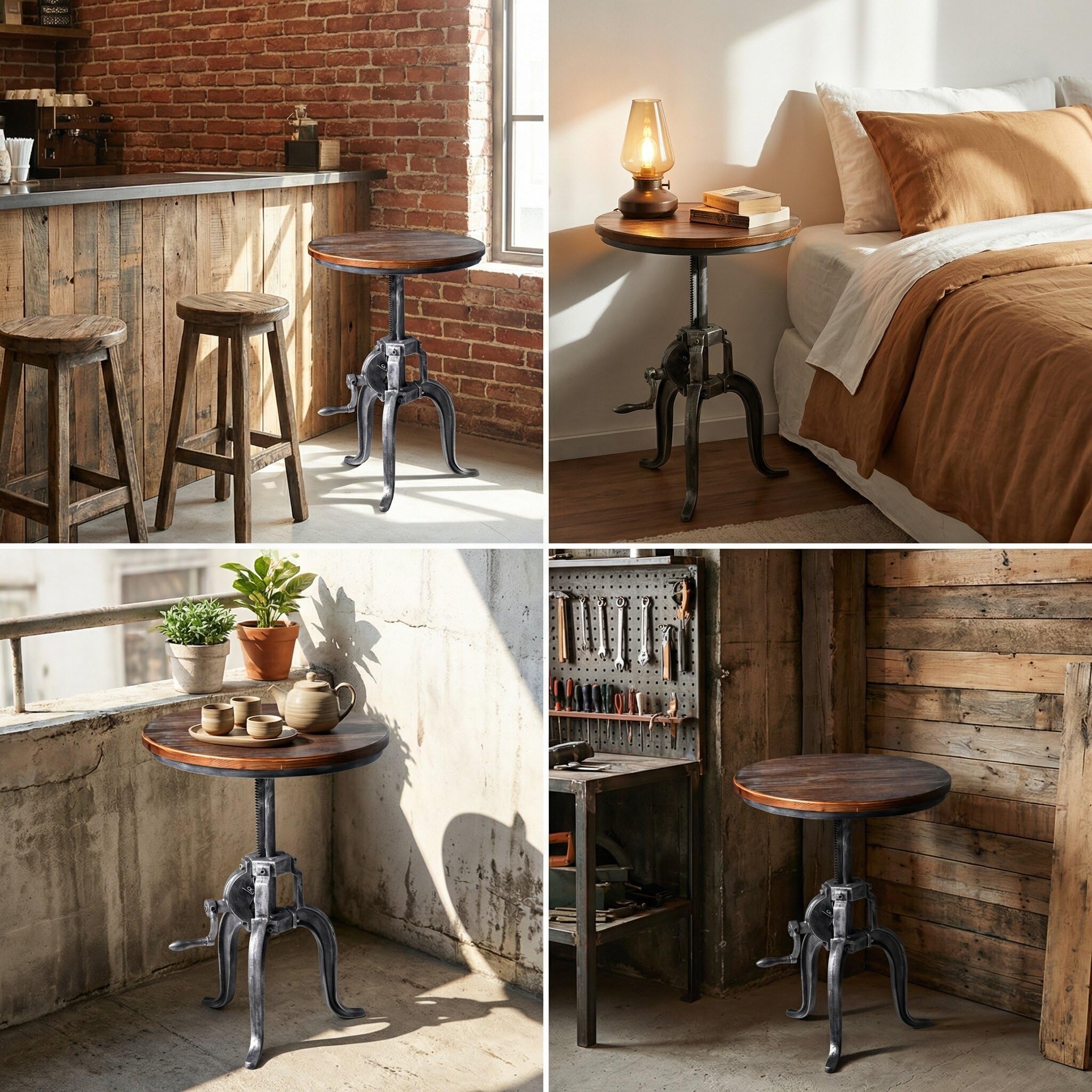 Topower Industrial Retro Side Table Antique Mechanic DIY Crank Height Ajustable Cast Iron Three-Legged Farmhouse Accent End Table Silver