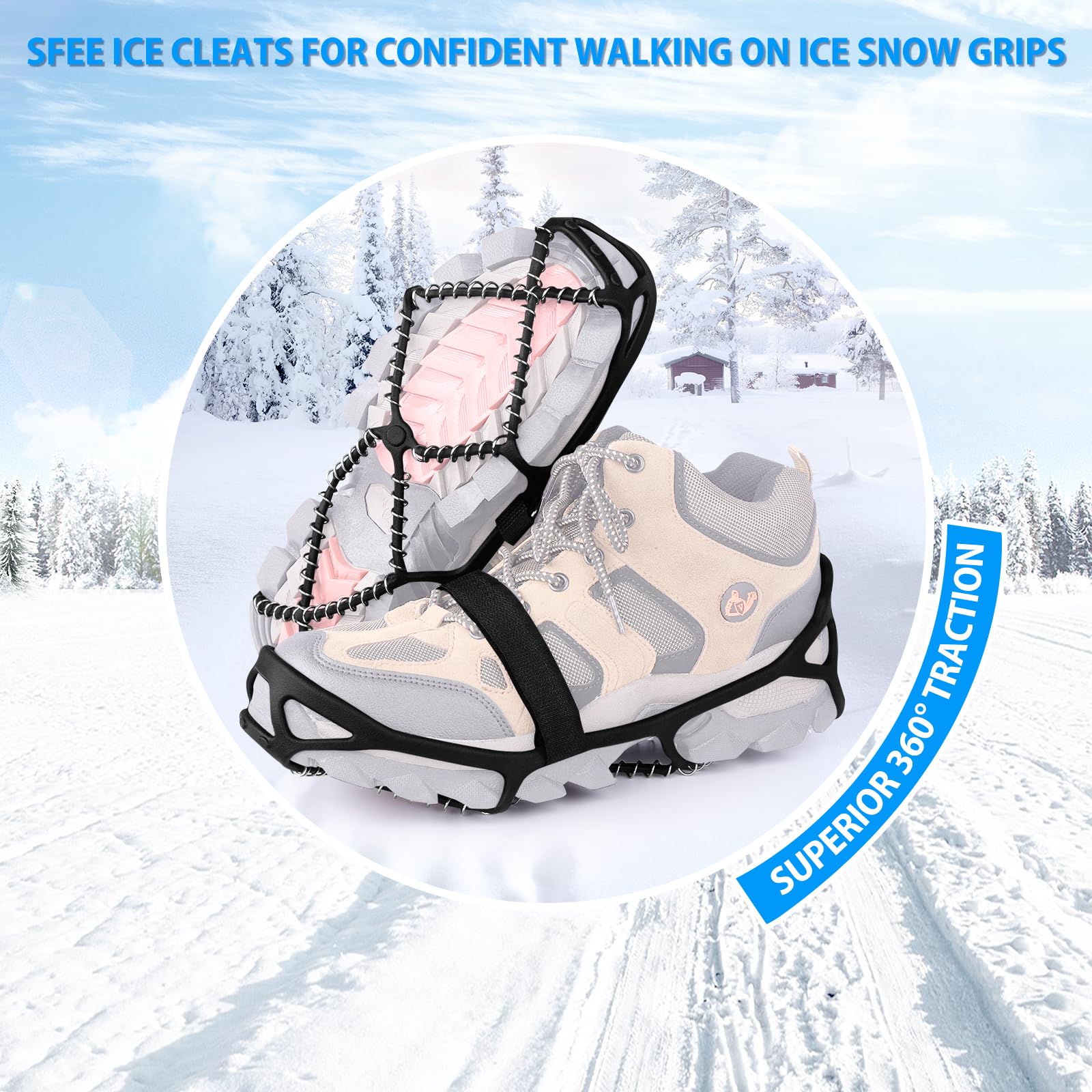 Sfee Tacchetti da ghiaccio per camminare su ghiaccio, neve, ramponi, trazione per scarpe/stivali, antiscivolo, portatili, flessibili, per camminare, arrampicata, escursionismo, pesca, corsa all'aperto