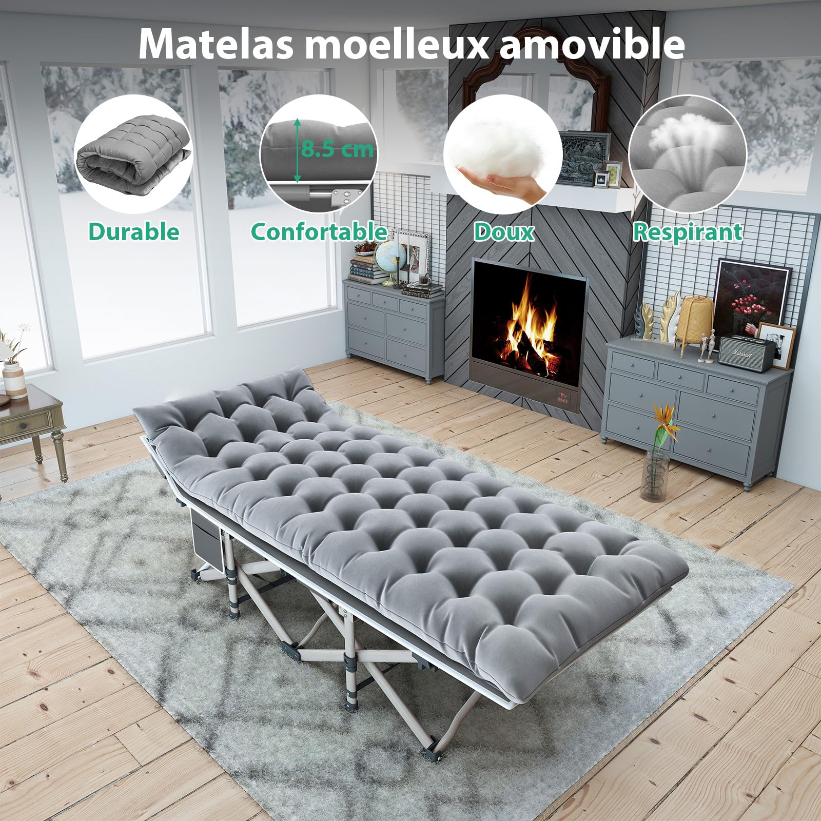XL Lit de Camping Pliable Robuste pour Adultes, Charge Jusqu'à 208 kg, Lit Pliant 1 Personne pour Camping/Bureau/Voyage/extérieur Inclut Sacoche Matelas, Gris