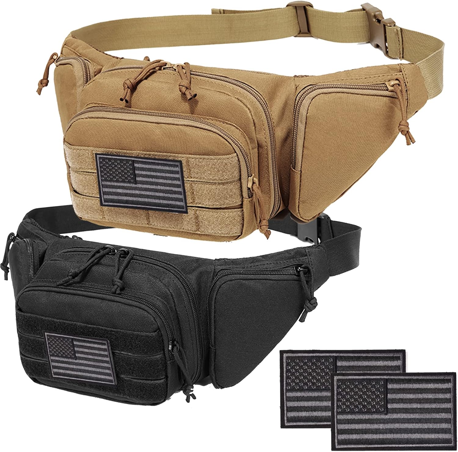 Concealed Pistol Fanny Pack ，Tactical Waist Bag Carry Gun Holster Fits Handgun, 1911 and More with U.S Patch (2 Pack Black+Tan)