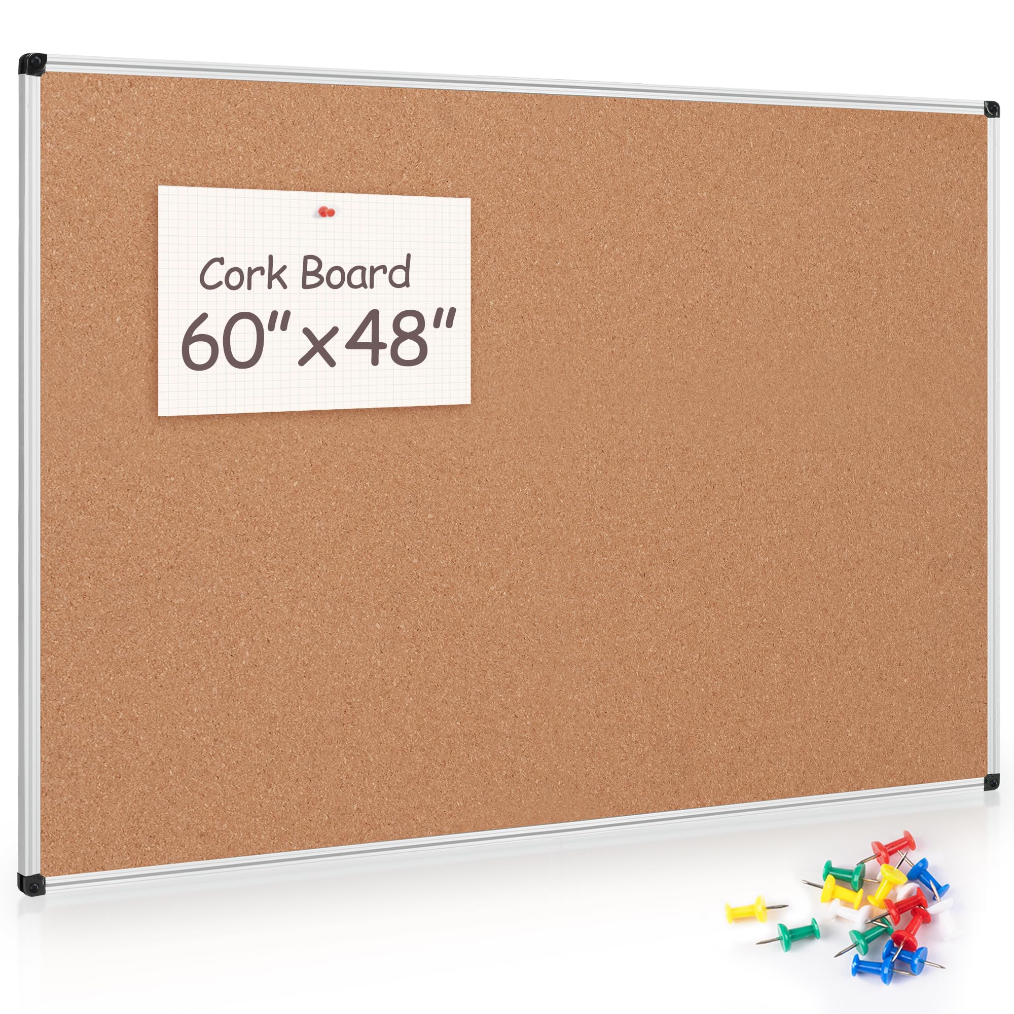 board2by large cork bulletin board 60" x 48", silver aluminum framed corkboard for wall, wall mounted notice pin board with push pins for school, home & office - 5' x 4' corkboard