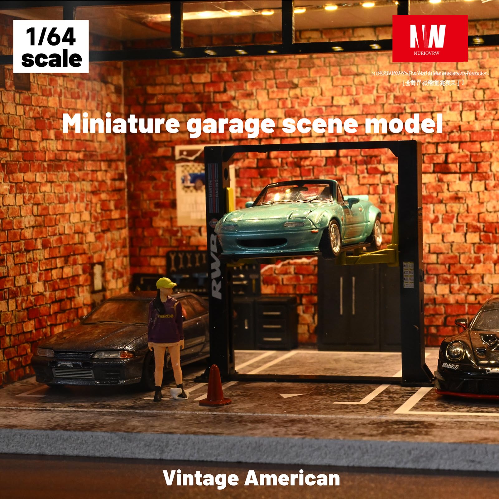 Diorama 1/64 modello auto garage, illuminazione a LED, vetrina per parcheggio, in mattoni rossi, modellini di auto pressofuso, kit modello diorama (garage vintage)