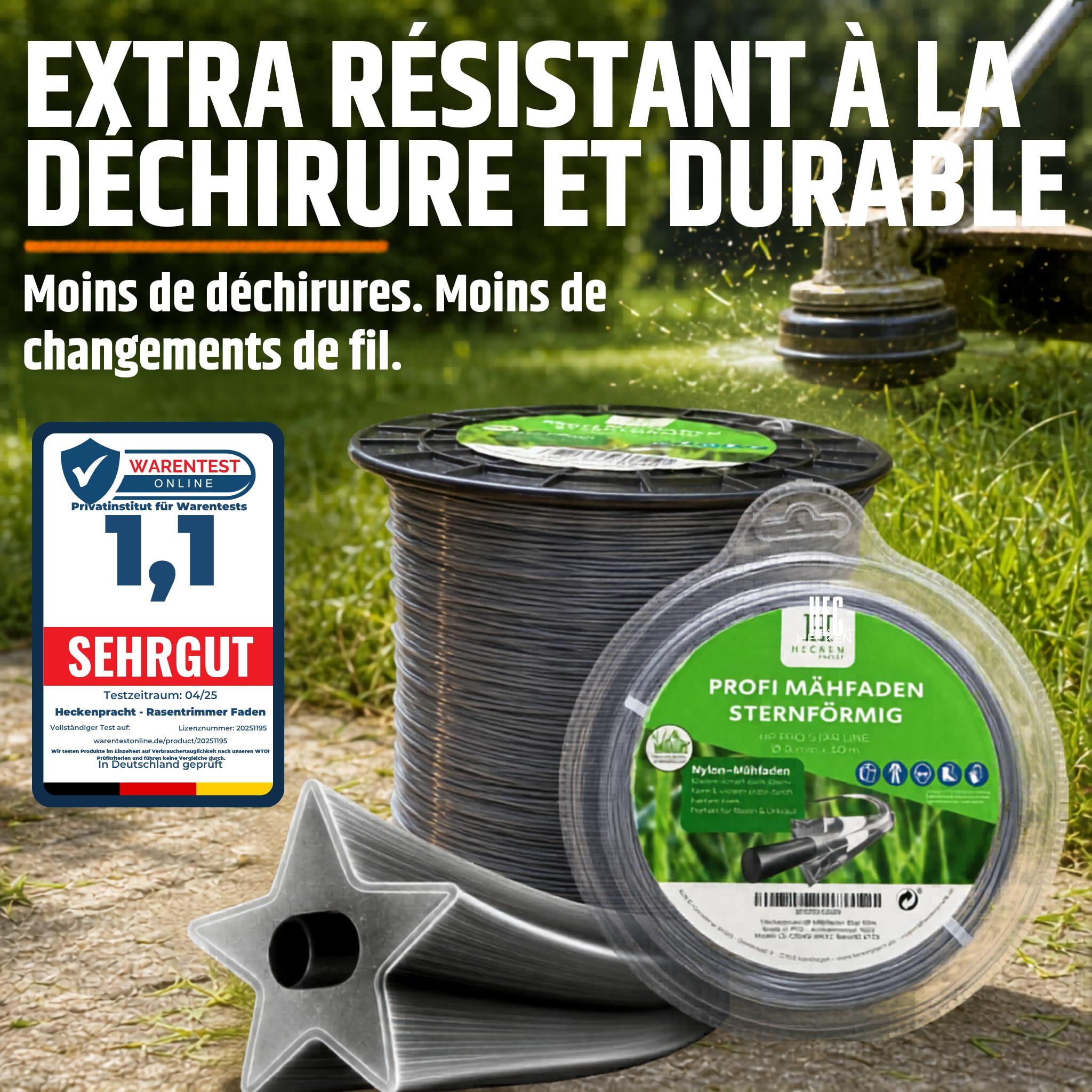 Heckenpracht® Fil débroussailleuse avec noyau renforcé 2mm x 50m | profil étoile extrêmement tranchant | fil pour débroussailleuse | fil pour rotofil