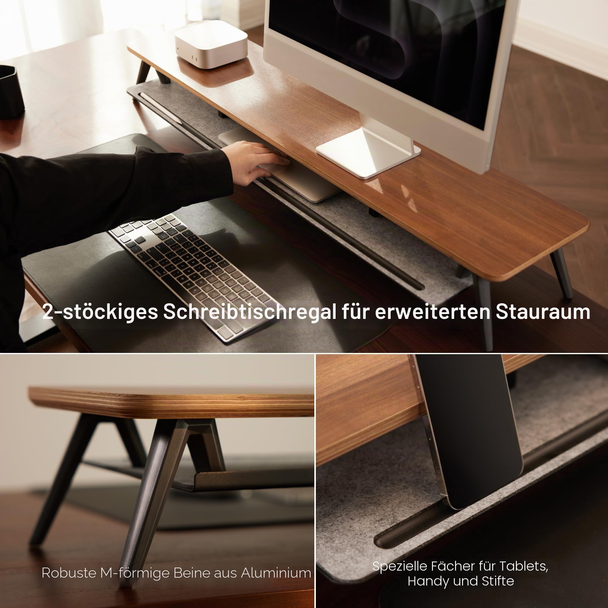 Fenge Monitorständer, 108cm, Mehrschicht-Massivholz, Laptop PC TV, Braun | 2 Geräte, Bis 45kg, Ablagefach für Telefon/Tablet/Stift, Kabel-Mgmt. Filz-bezogen, Alufüße, Bildschirm Schreibtisch Büro Home