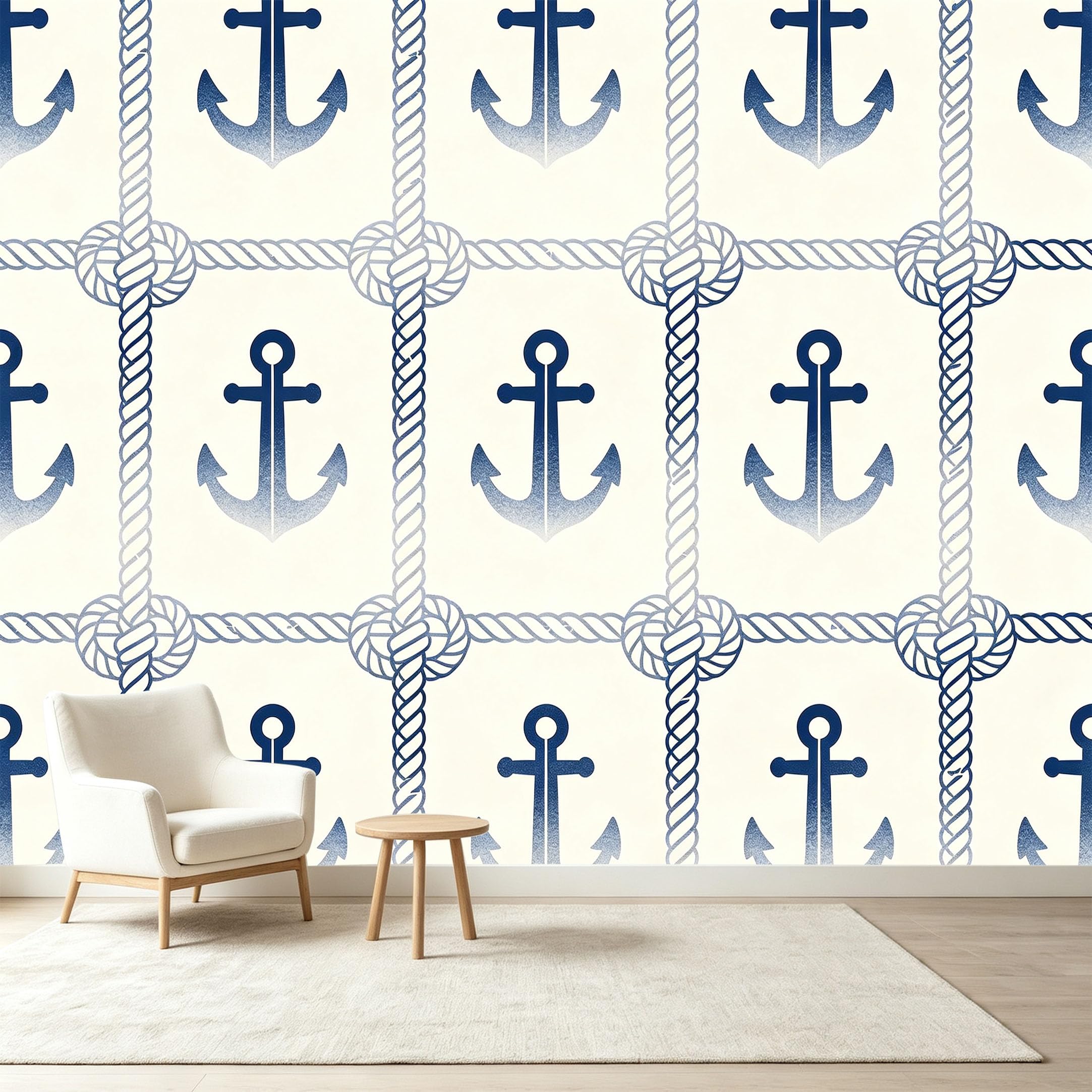 Custom Size Wall Murals Nautical Anchor Rope Pattern Blue White Coastal Seascape Self-Adhesive Wall Fabric Removable Wallpaper Wall Decor for Living Room Bedroom Bathroom
