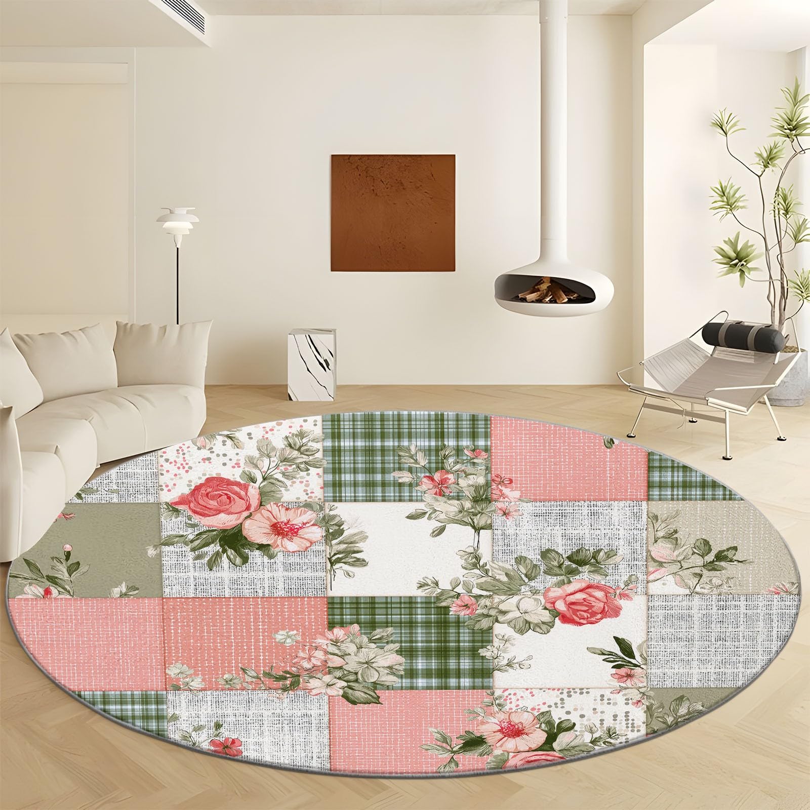 Tapis rond rétro Ø 80 cm en flanelle lavable et antidérapant vert