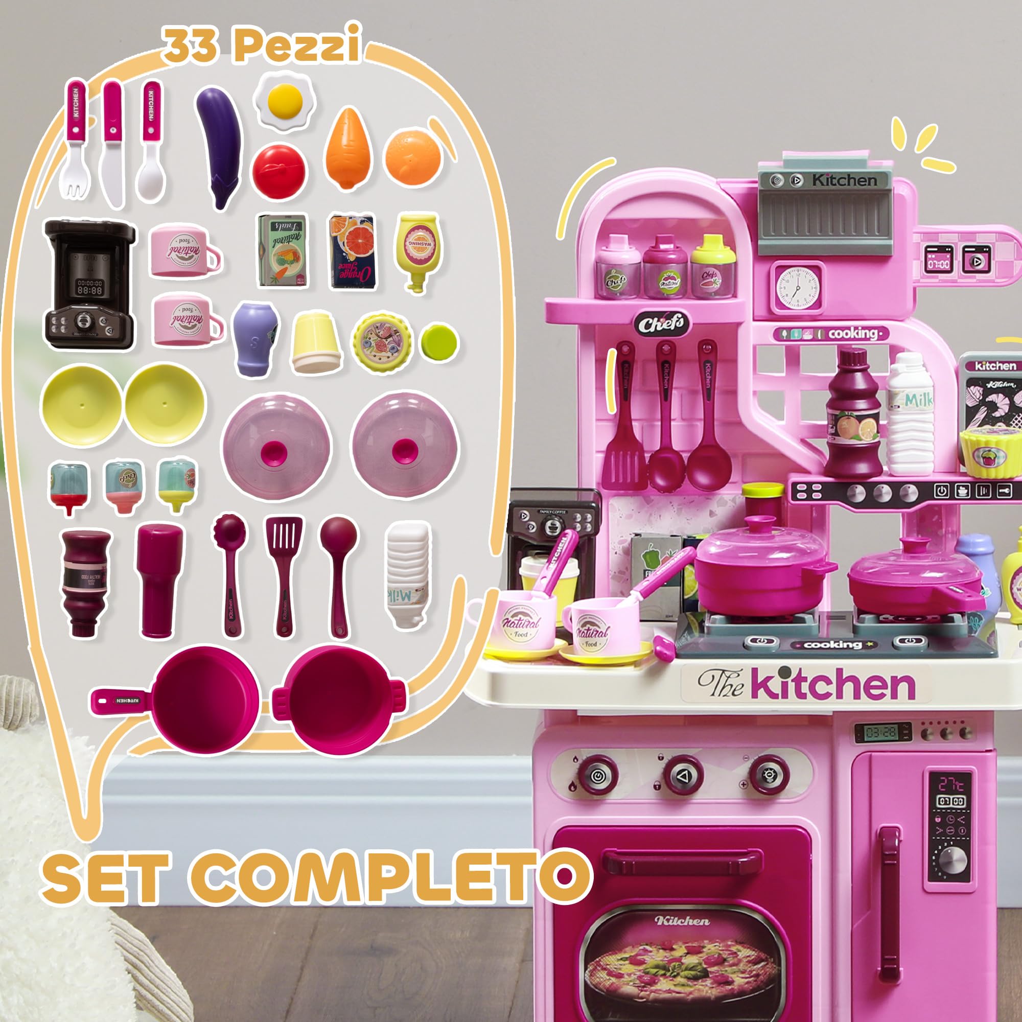 AIYAPLAY Cucina Giocattolo per Bambini da 33 Pezzi con Luci, Suoni e Rubinetto, Gioco per Bambini in PP e ABS, 53x22x69 cm, Rosa