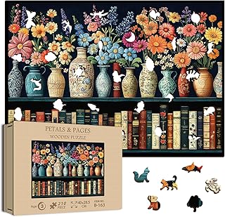Wildflower Wooden Puzzles for Adults, PICKFORU Vintage Flower Book Jigsaw Puzzle for Book Lover, Bookshelf Unique Shapes Wood Puzzles