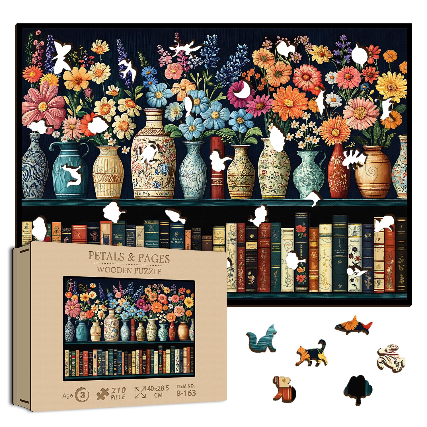 Wildflower Wooden Puzzles for Adults, PICKFORU Vintage Flower Book Jigsaw Puzzle for Book Lover, Bookshelf Unique Shapes Wood Puzzles