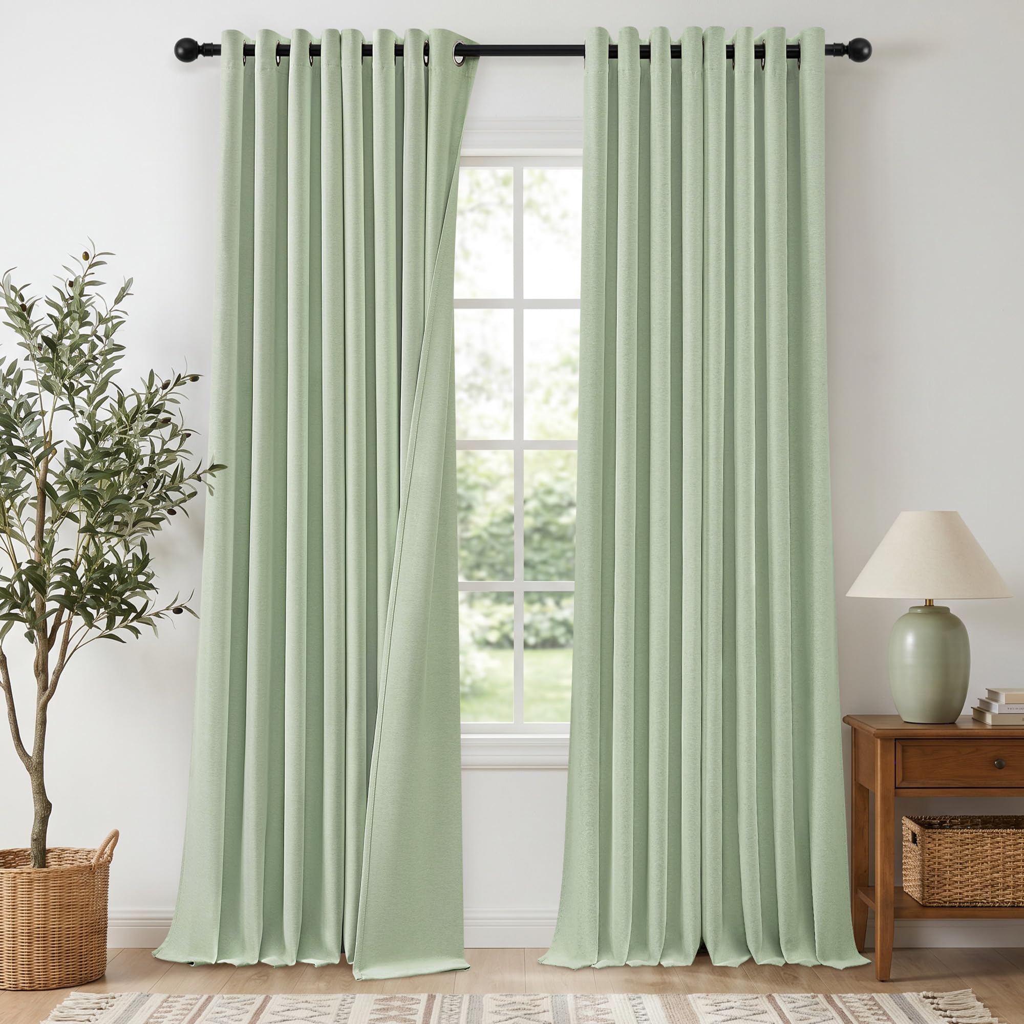 Best Baisite Green Blackout Curtains 52 x 96 Inch 2 Panels Soft Double-sided Thick Linen Curtains Eyelet Thermal 100% Blackout Curtains for Living Room Bedroom Sage Green Window Drapes 52" W x 96" L — image 1