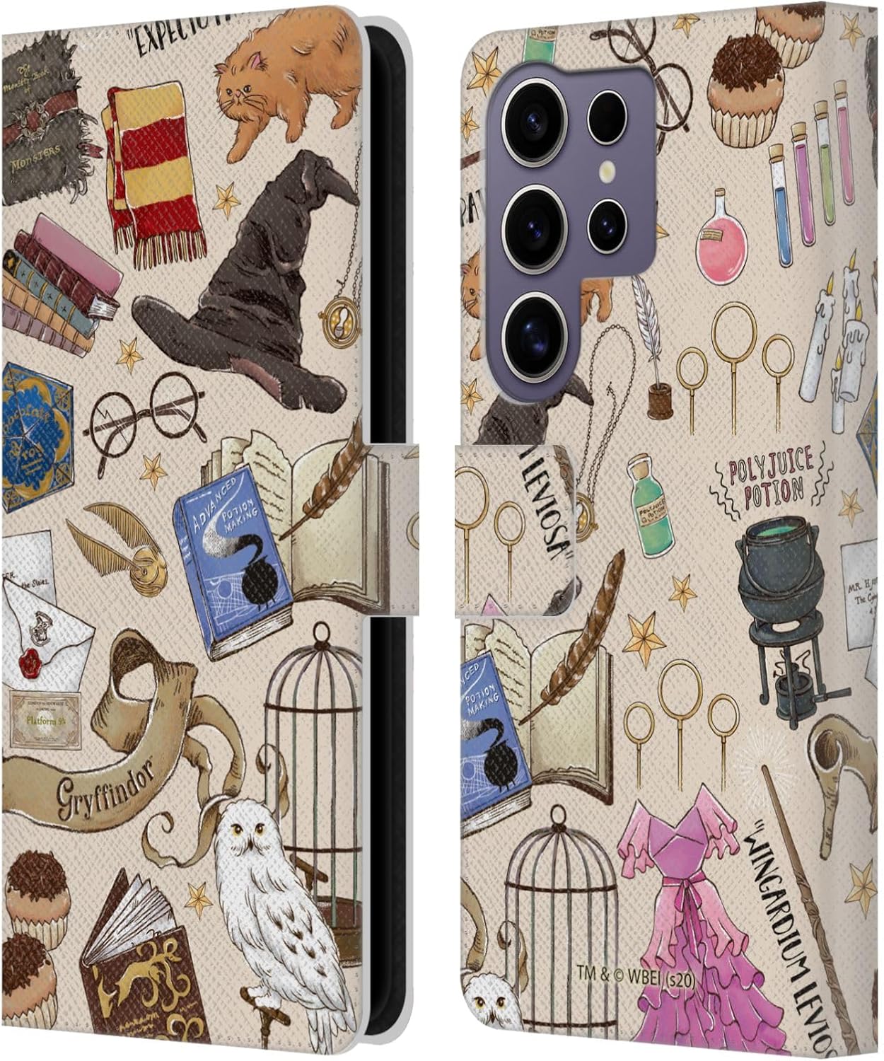 Head Case Designs Officially Licensed Harry Potter Hogwarts Pattern Deathly Hallows XXXVII Leather Wallet Case Compatible with Samsung Galaxy S25 Ultra