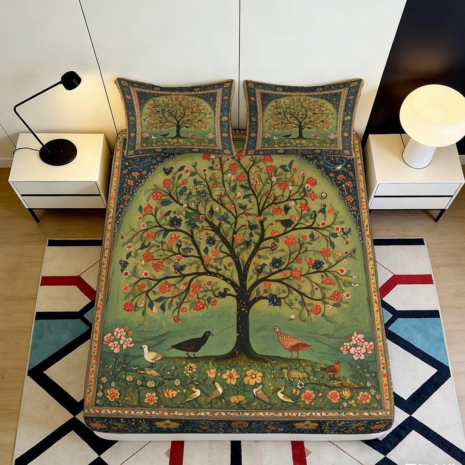 3D Printed Tree of Life Fitted Sheet Microfiber Nature Birds Bed Sheet for Bedroom Guest Room Dustproof Easy Care 90x200x25cm