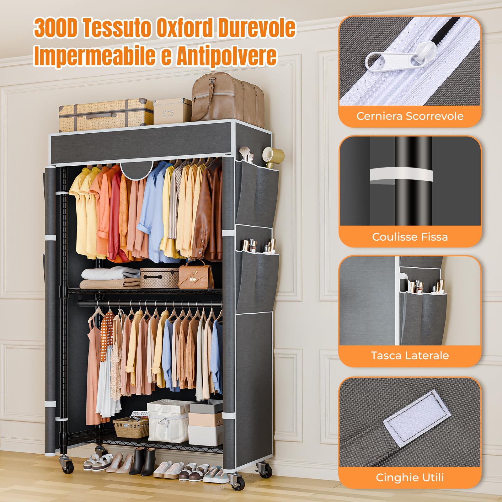 Himimi Appendiabiti su ruote, stabile, doppio appendiabiti con copertura e ripiano regolabile in altezza, armadio aperto in metallo, per camera da letto, 90 x 45 x 205 cm, grigio