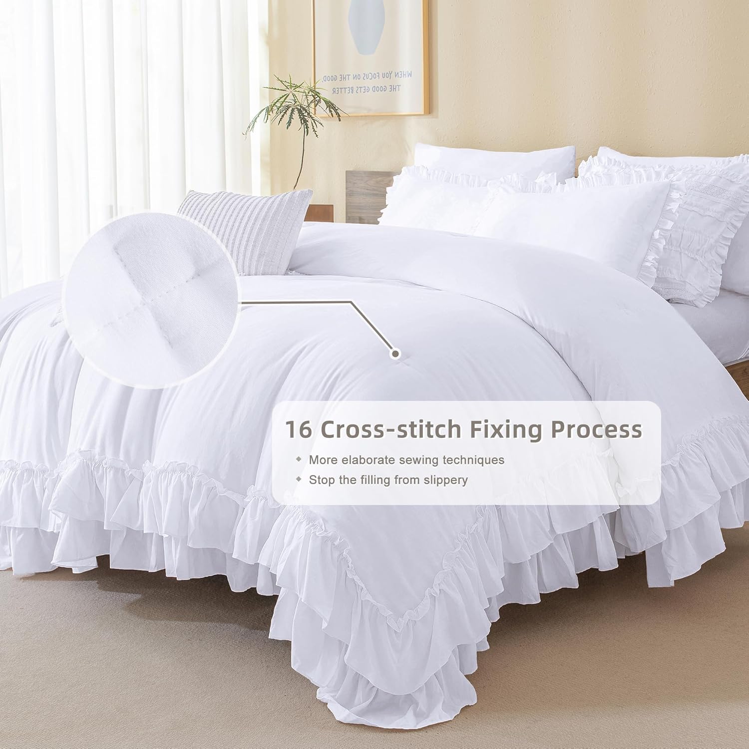 QSH White Comforter Full with Ruffles,3PCs Shabby Boho Chic Farmhouse Bedding Comforter Set Full Size Soft Vintage Fluffy Microfiber White Ruffle Bedding Set