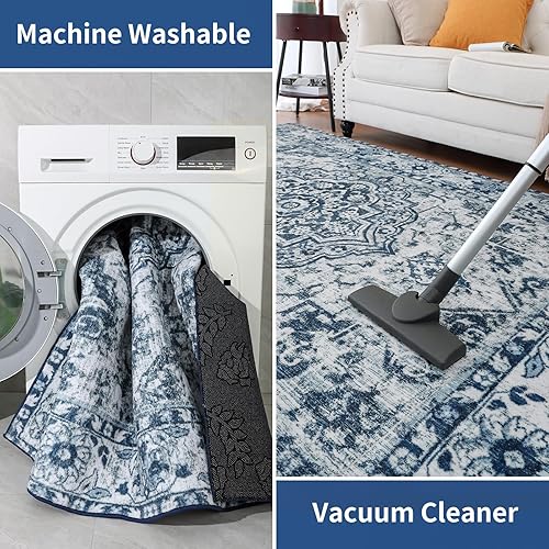 Miniatura 5 de Comeet Alfombra suave de 5 x 7 pies, lavable para sala de estar, dormitorio, alfombra vintage de pelo bajo, antideslizante, sin desprendimientos,