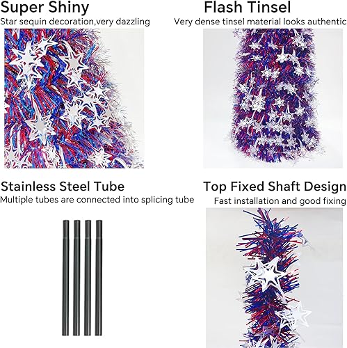 Miniatura 2 de Árbol de decoración del 4 de julio, árbol de Navidad patriótico desplegable, árbol de Navidad de oropel de 5 pies, adornos de estrella de