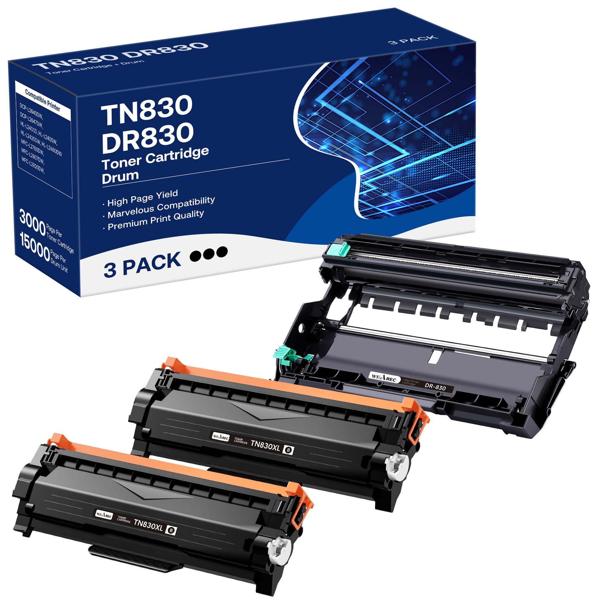 WEAREC TN830XL Toner Cartridge and DR830 Drum Unit Replacement for Brother TN830XL DR-830 TN830 Work with HL-L2405W HL-L2400D HL-L2460DW HL-L2465DW HL-L2480DW DCP-L2640DW MFC-L2820DWXL Printer
