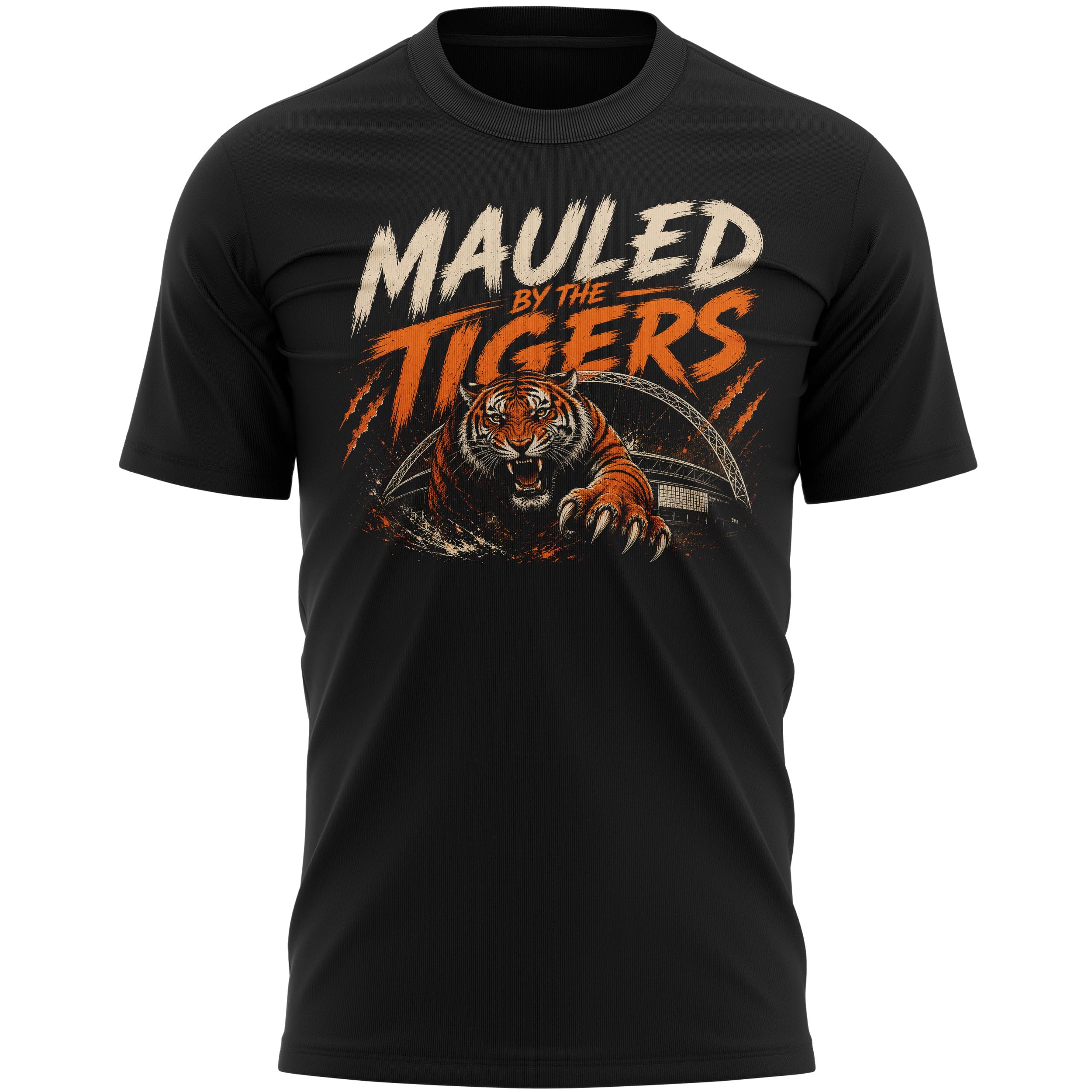 Hull T Shirt for Men - Mauled By Tigers Stadium Tee Black Amber Football Supporters Promotion Top, 3XL, Black